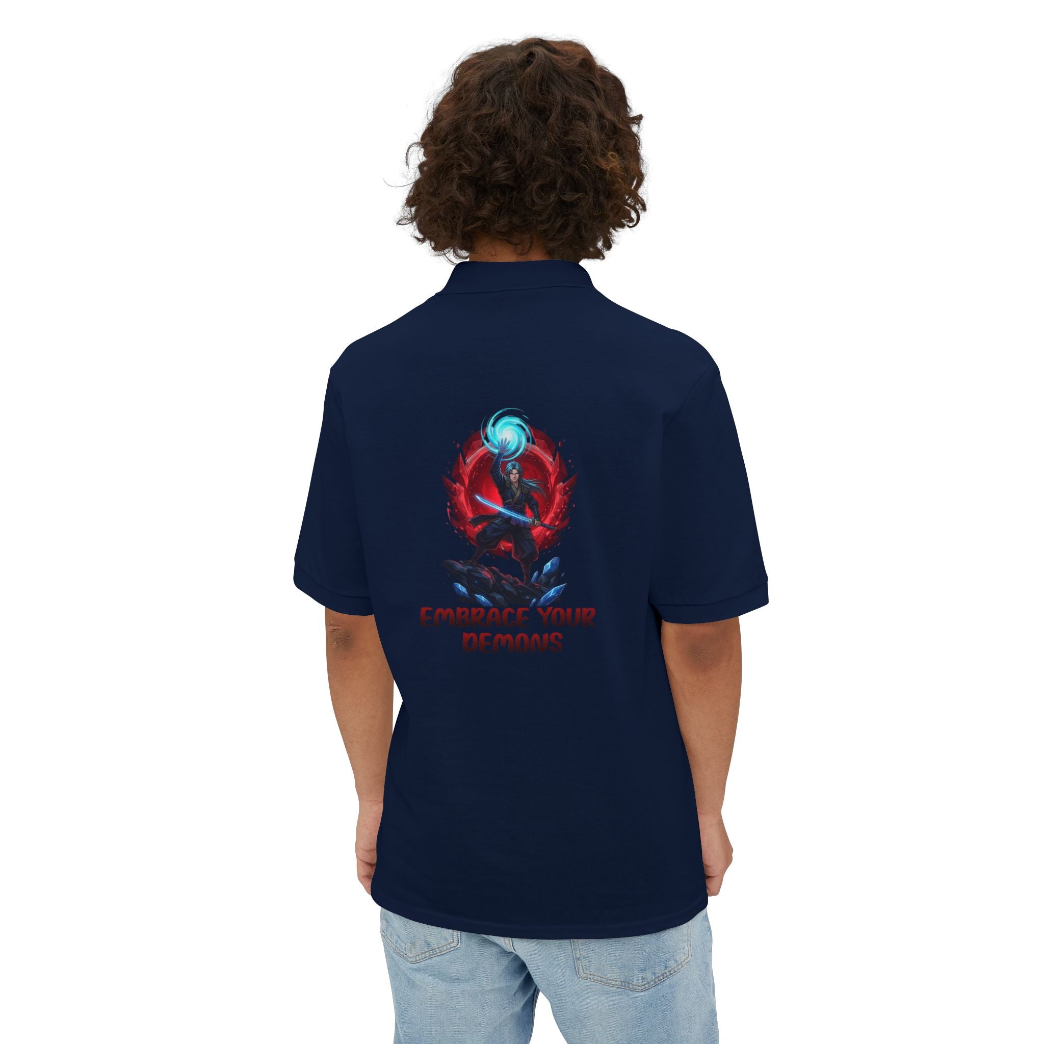 Embrace Your Demons Men's Polo — Graphic Spiritual/Kawaii Demon Back Print