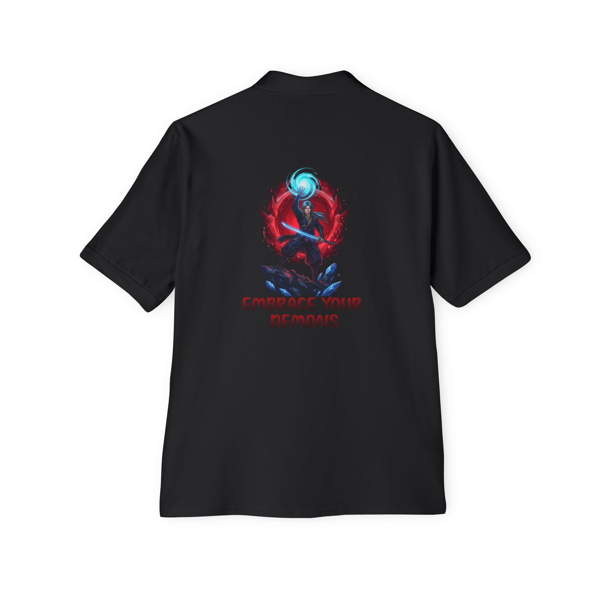 Embrace Your Demons Men's Polo — Graphic Spiritual/Kawaii Demon Back Print