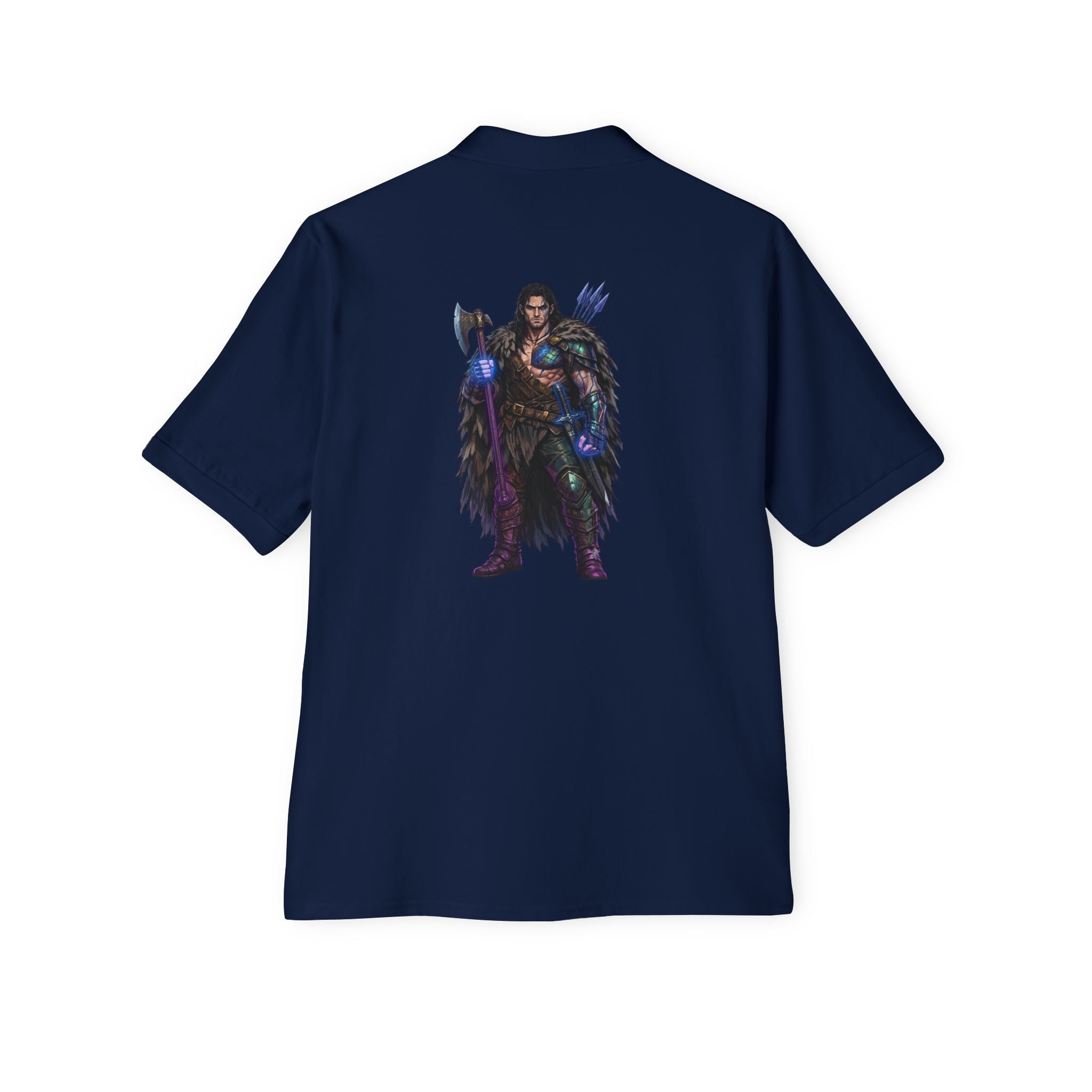 Men's Polo — Dark Fantasy Warrior Graphic (Back) with Small Chest Text