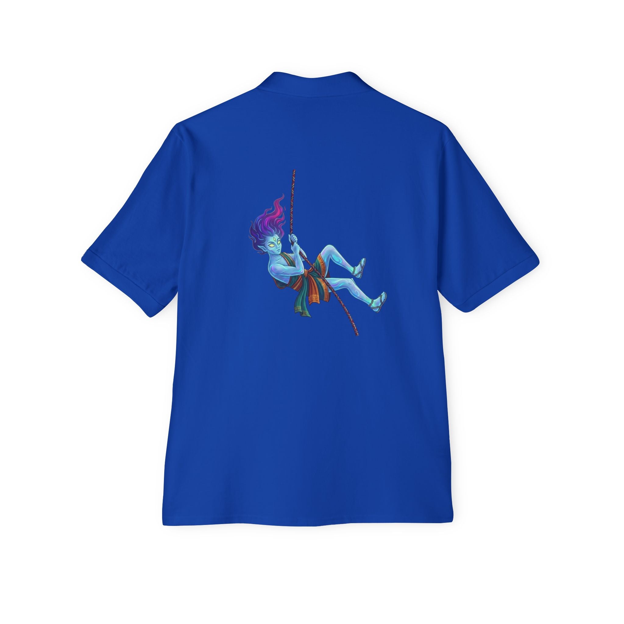 Men's White Polo Shirt — Blue Rock Climber Back Graphic, Small 'Climb On' Chest Print