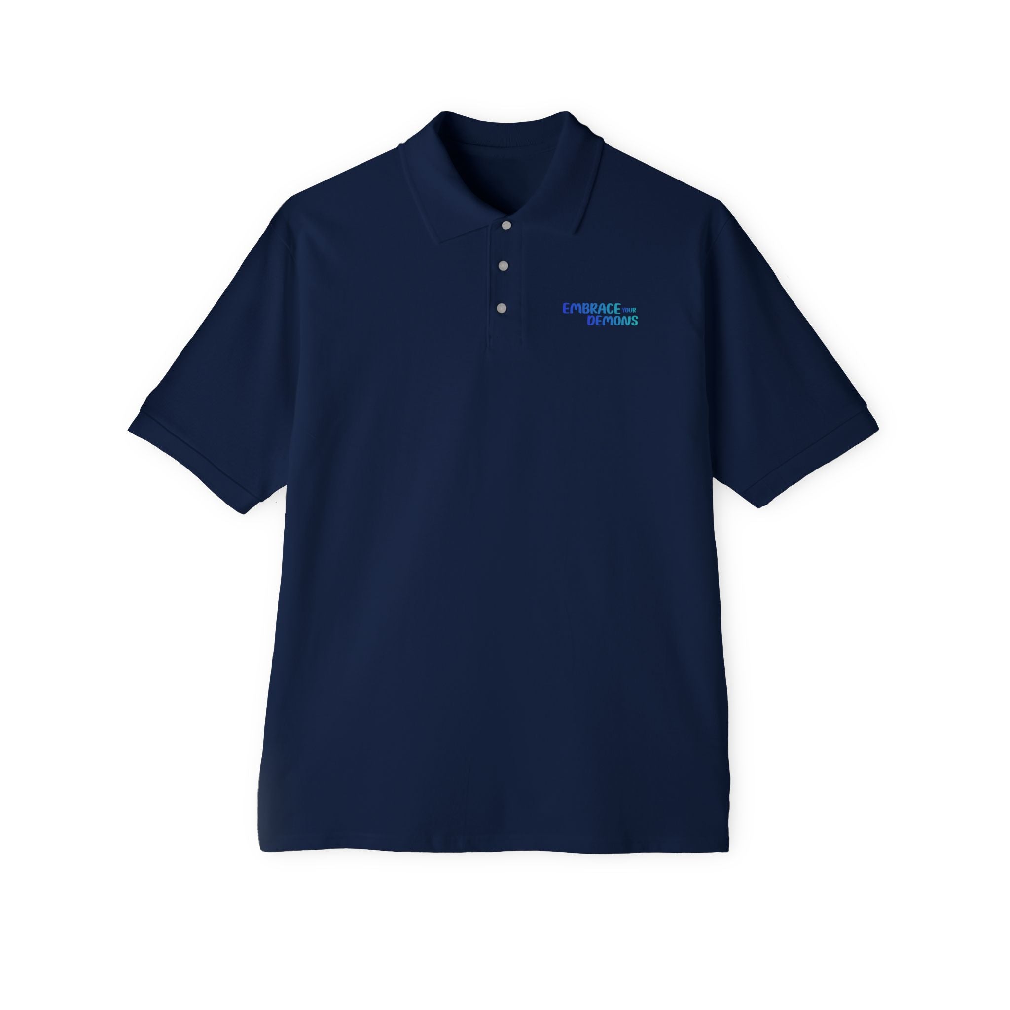 Men's White Polo Shirt — Blue Rock Climber Back Graphic, Small 'Climb On' Chest Print