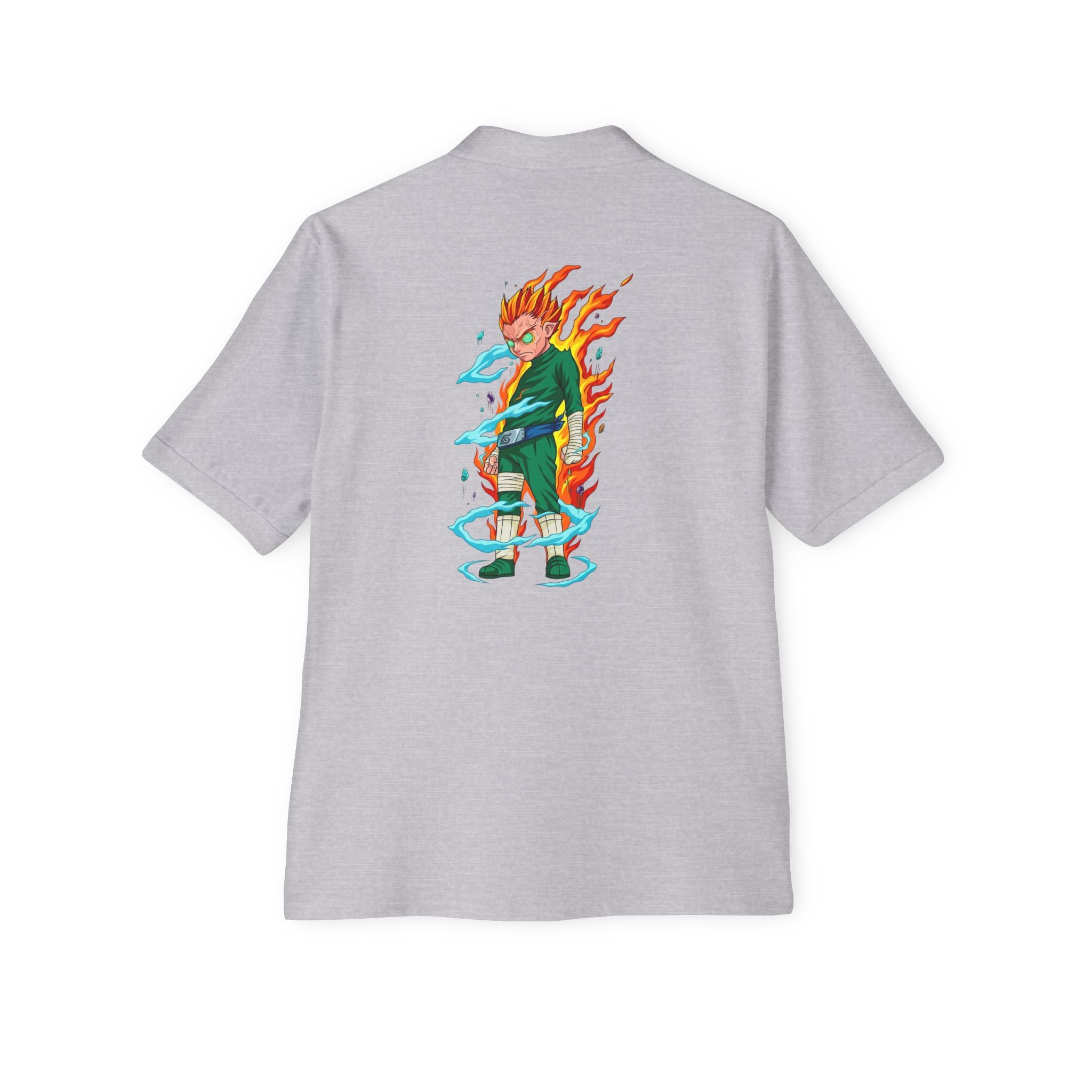 Men's Anime Flame Warrior Polo — Graphic Back Print with Subtle Chest Text
