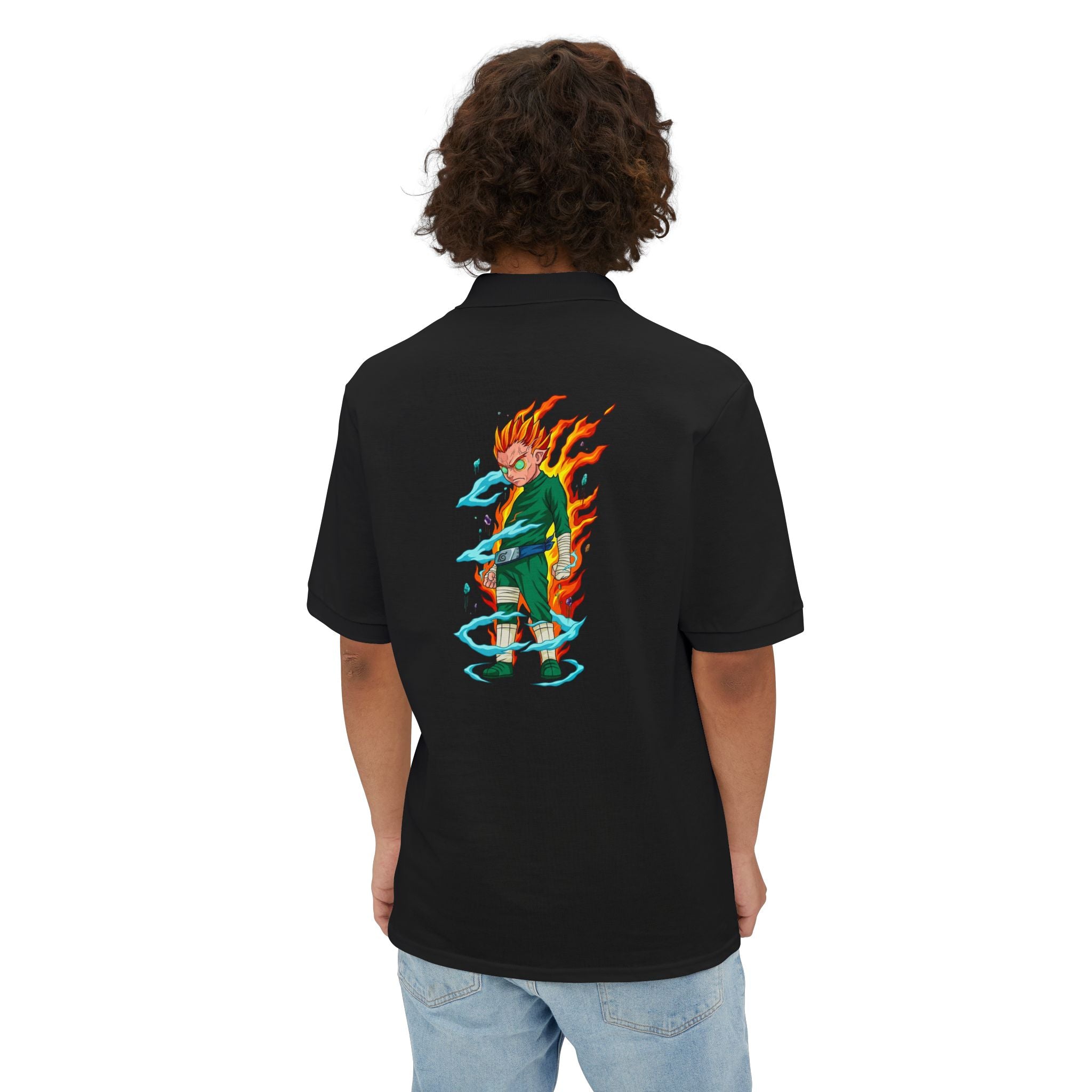 Men's Anime Flame Warrior Polo — Graphic Back Print with Subtle Chest Text