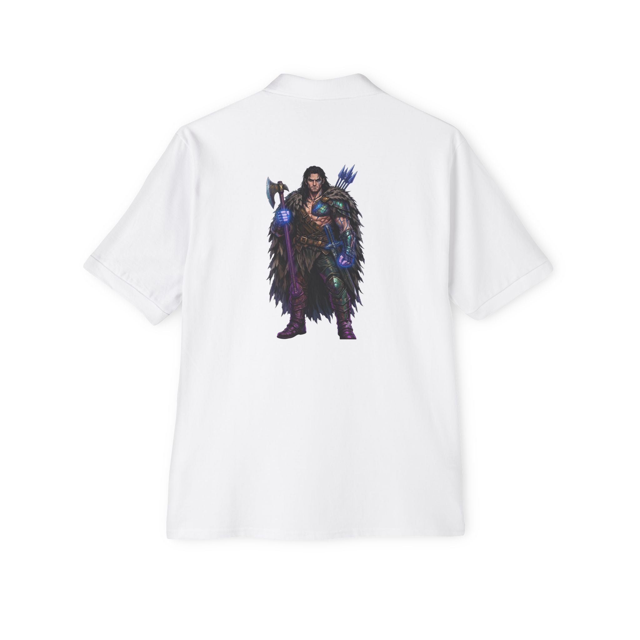Men's Polo — Dark Fantasy Warrior Graphic (Back) with Small Chest Text