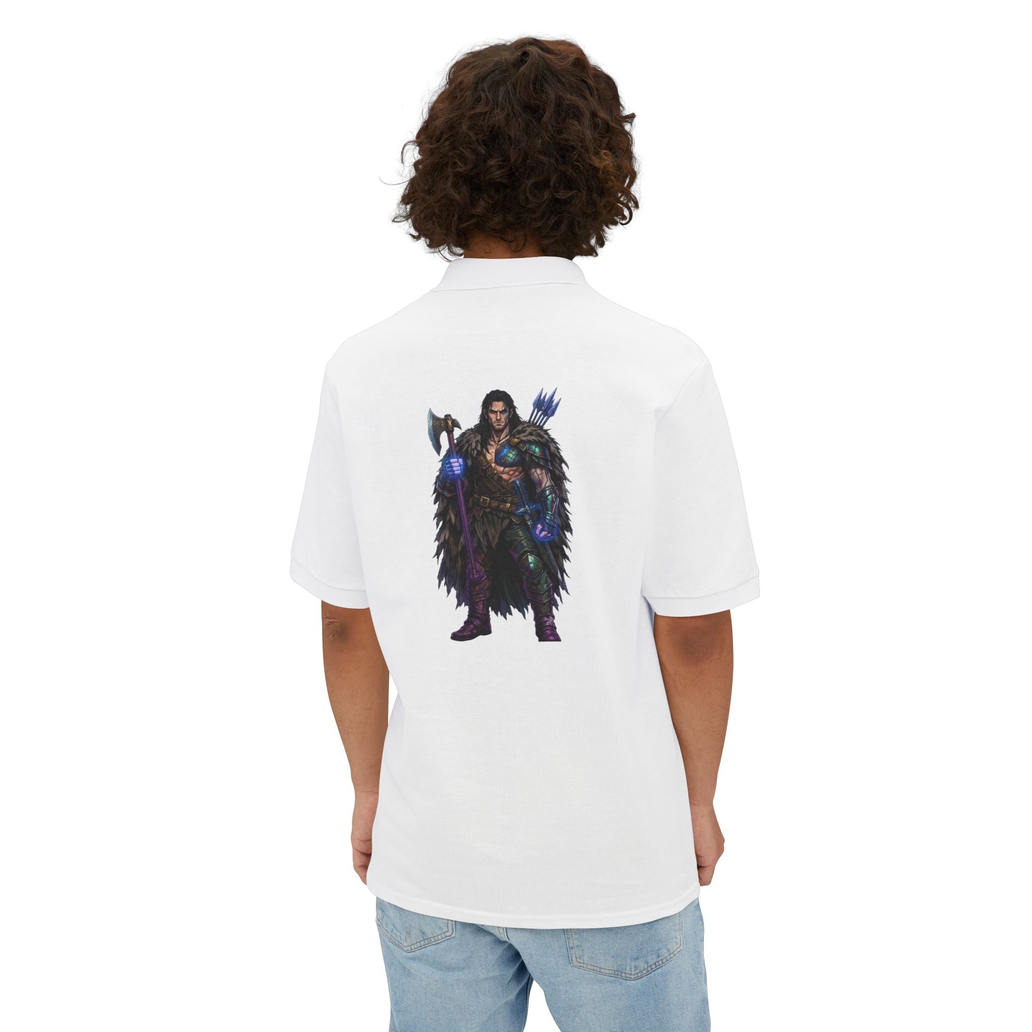 Men's Polo — Dark Fantasy Warrior Graphic (Back) with Small Chest Text