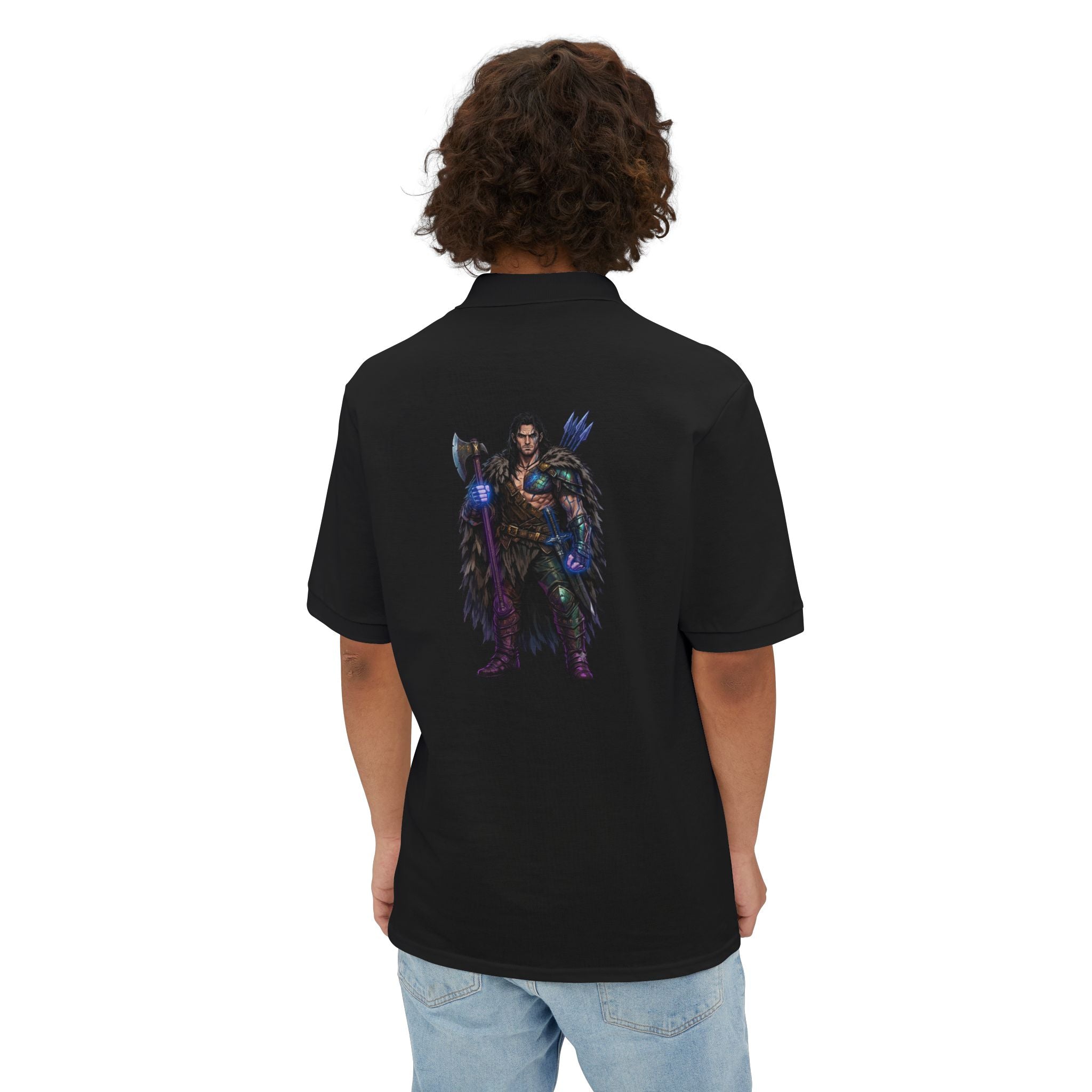 Men's Polo — Dark Fantasy Warrior Graphic (Back) with Small Chest Text