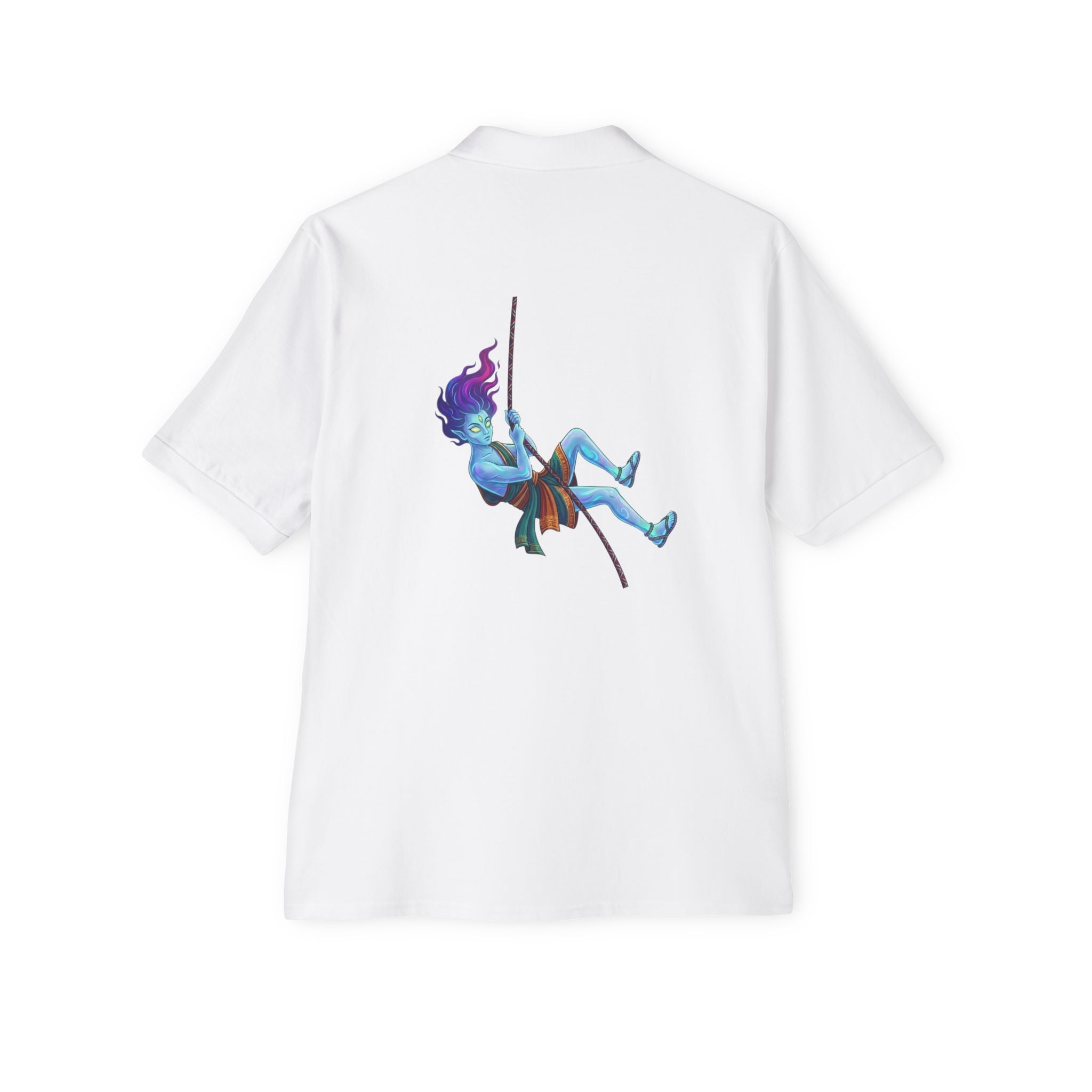 Men's White Polo Shirt — Blue Rock Climber Back Graphic, Small 'Climb On' Chest Print