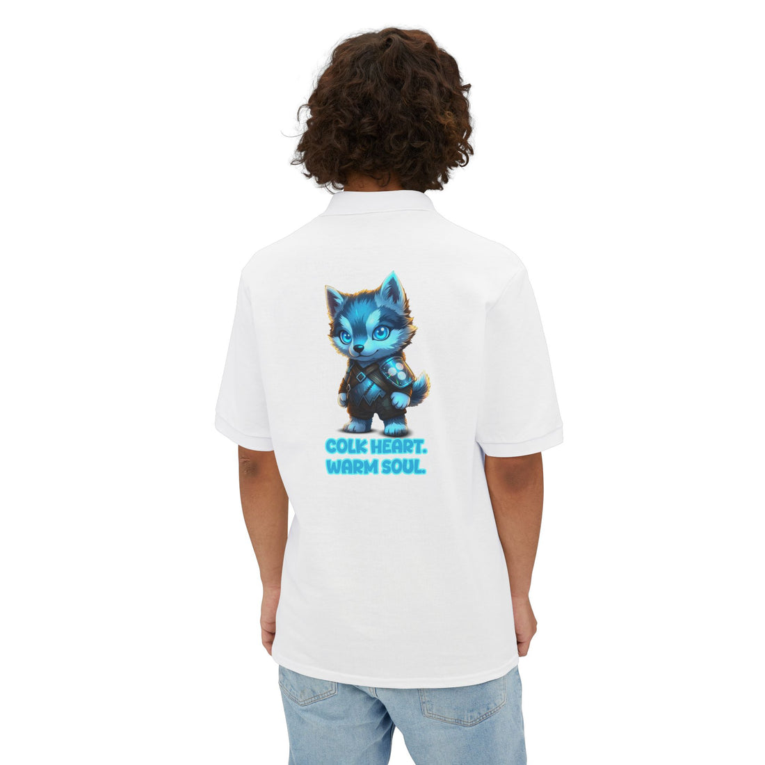 Men's Polo — 'Cold Heart, Warm Soul' Blue Cat Graphic