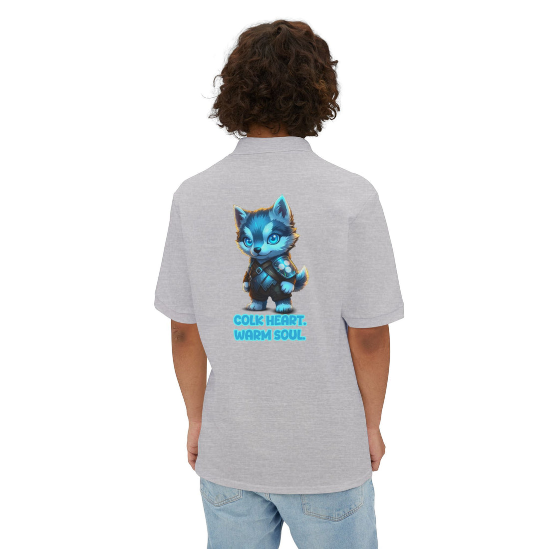 Men's Polo — 'Cold Heart, Warm Soul' Blue Cat Graphic