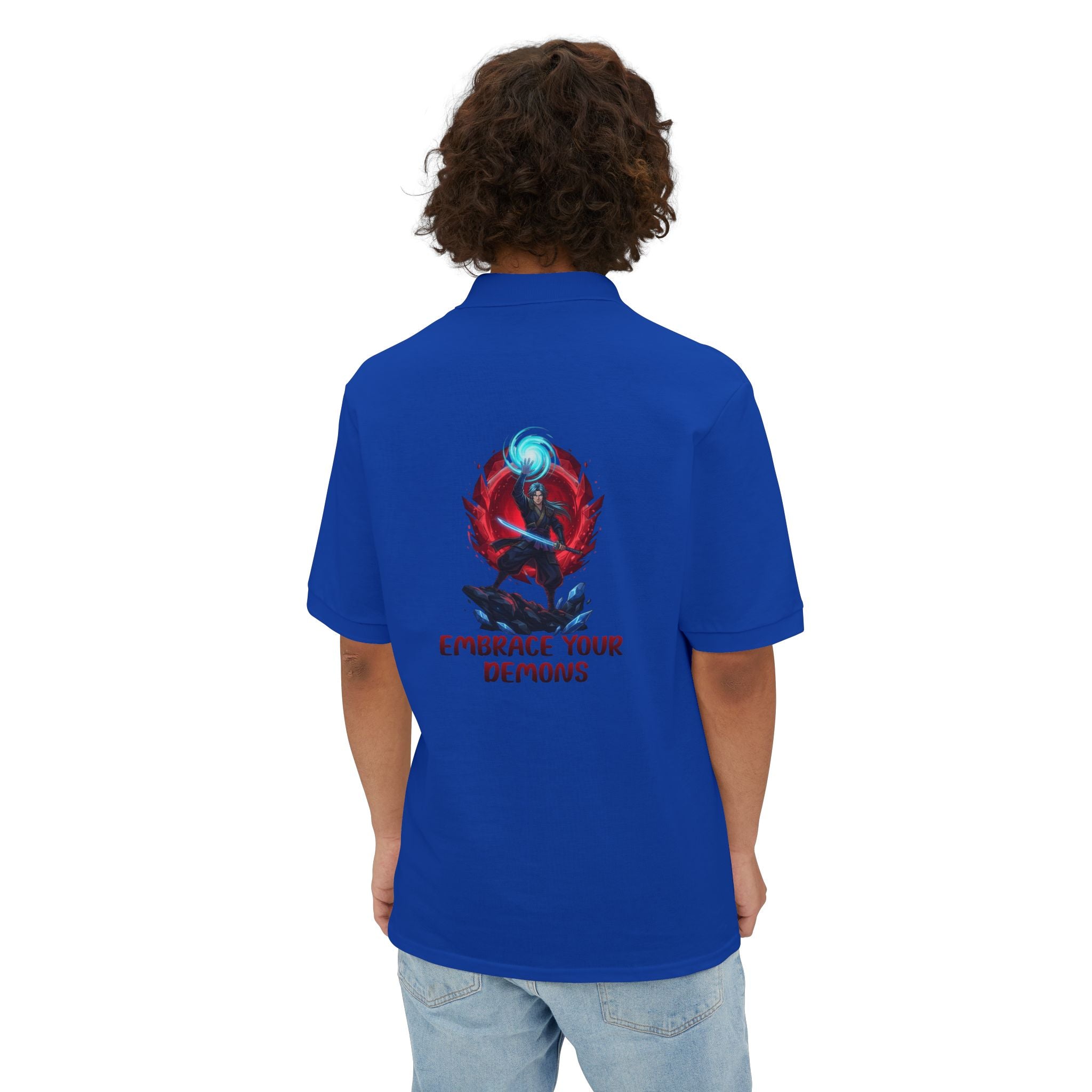 Embrace Your Demons Men's Polo — Graphic Spiritual/Kawaii Demon Back Print