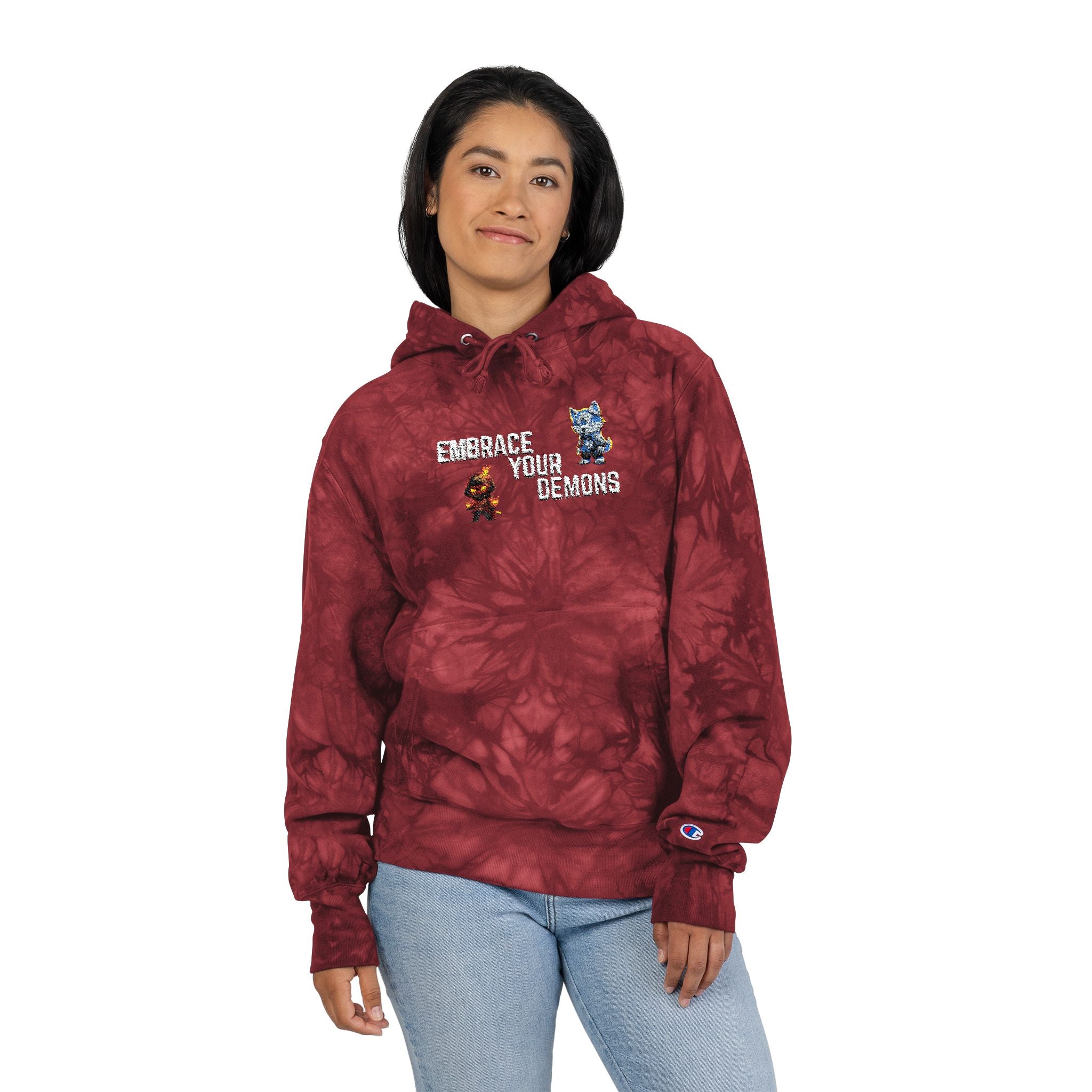 Tie-Dye Embroidered Hoodie — "Embrace Your Dreams" Champion Style