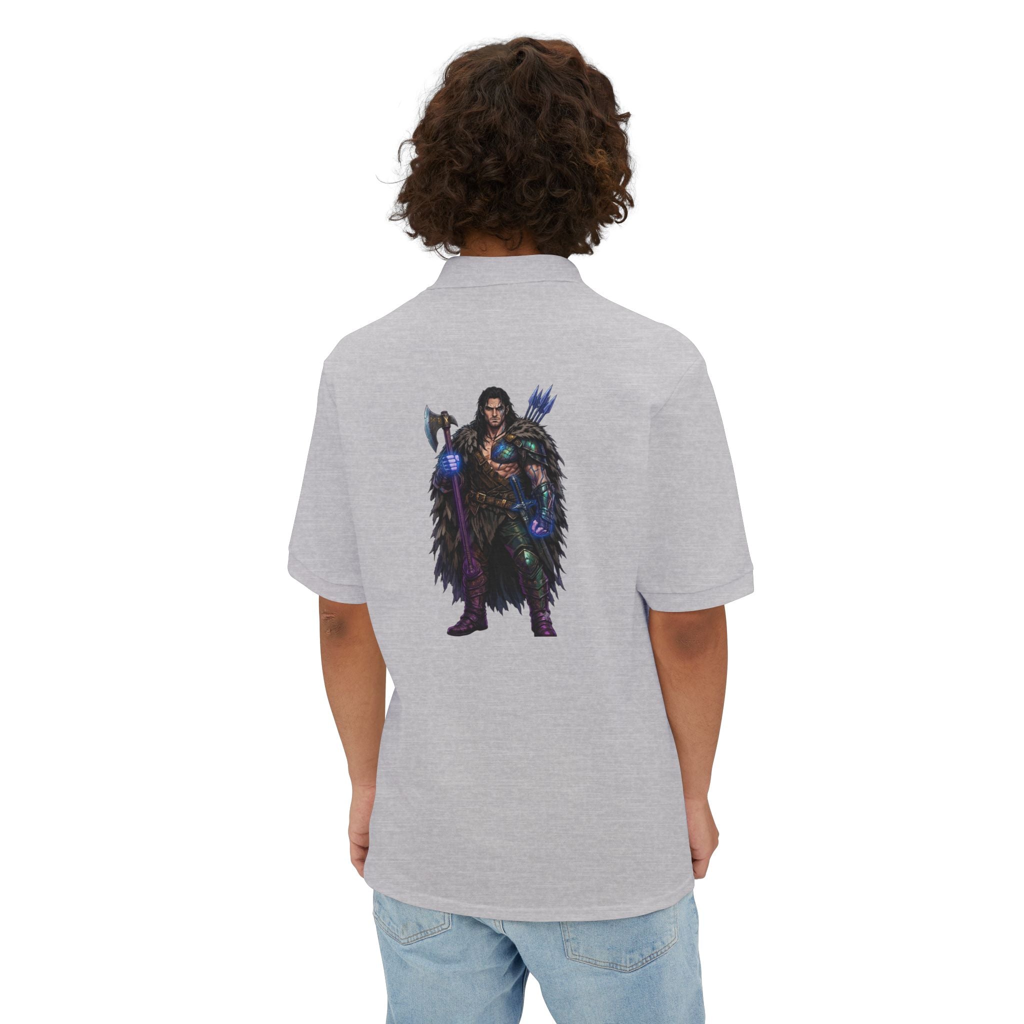 Men's Polo — Dark Fantasy Warrior Graphic (Back) with Small Chest Text
