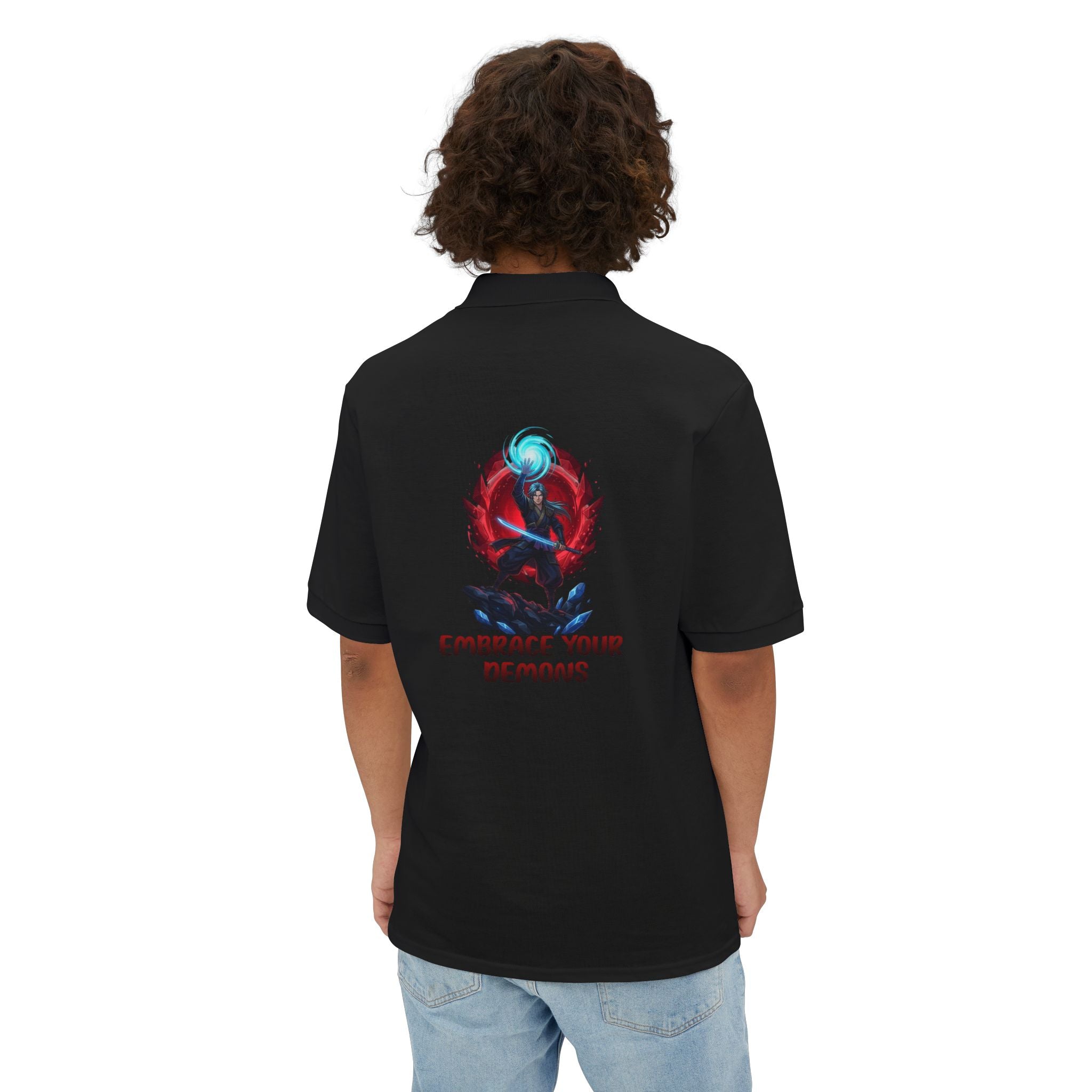Embrace Your Demons Men's Polo — Graphic Spiritual/Kawaii Demon Back Print