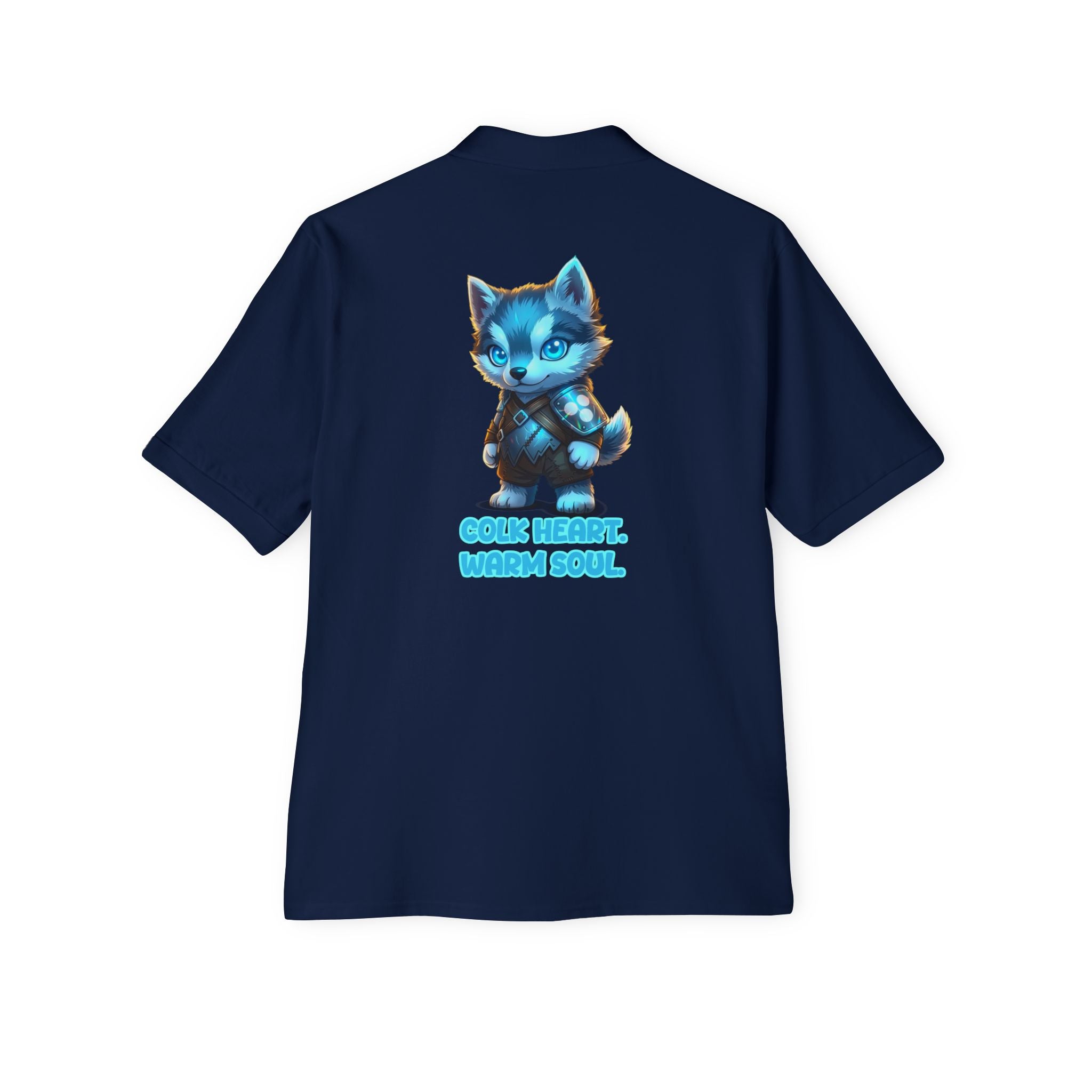 Men's Polo — 'Cold Heart, Warm Soul' Blue Cat Graphic