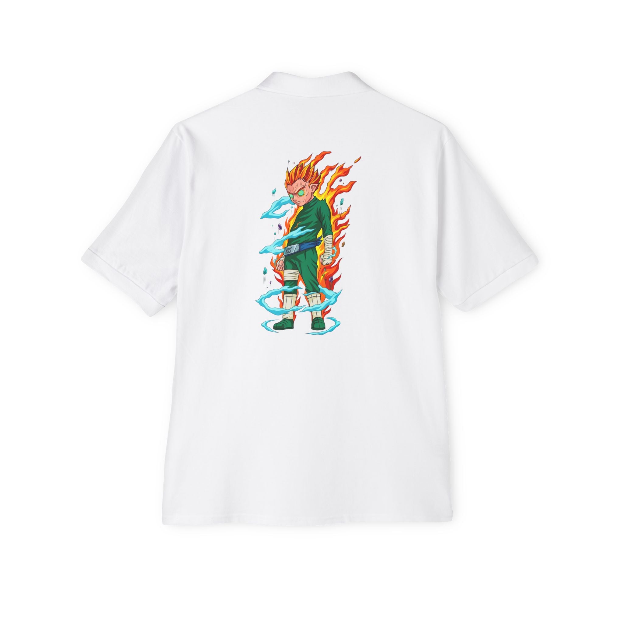 Men's Anime Flame Warrior Polo — Graphic Back Print with Subtle Chest Text