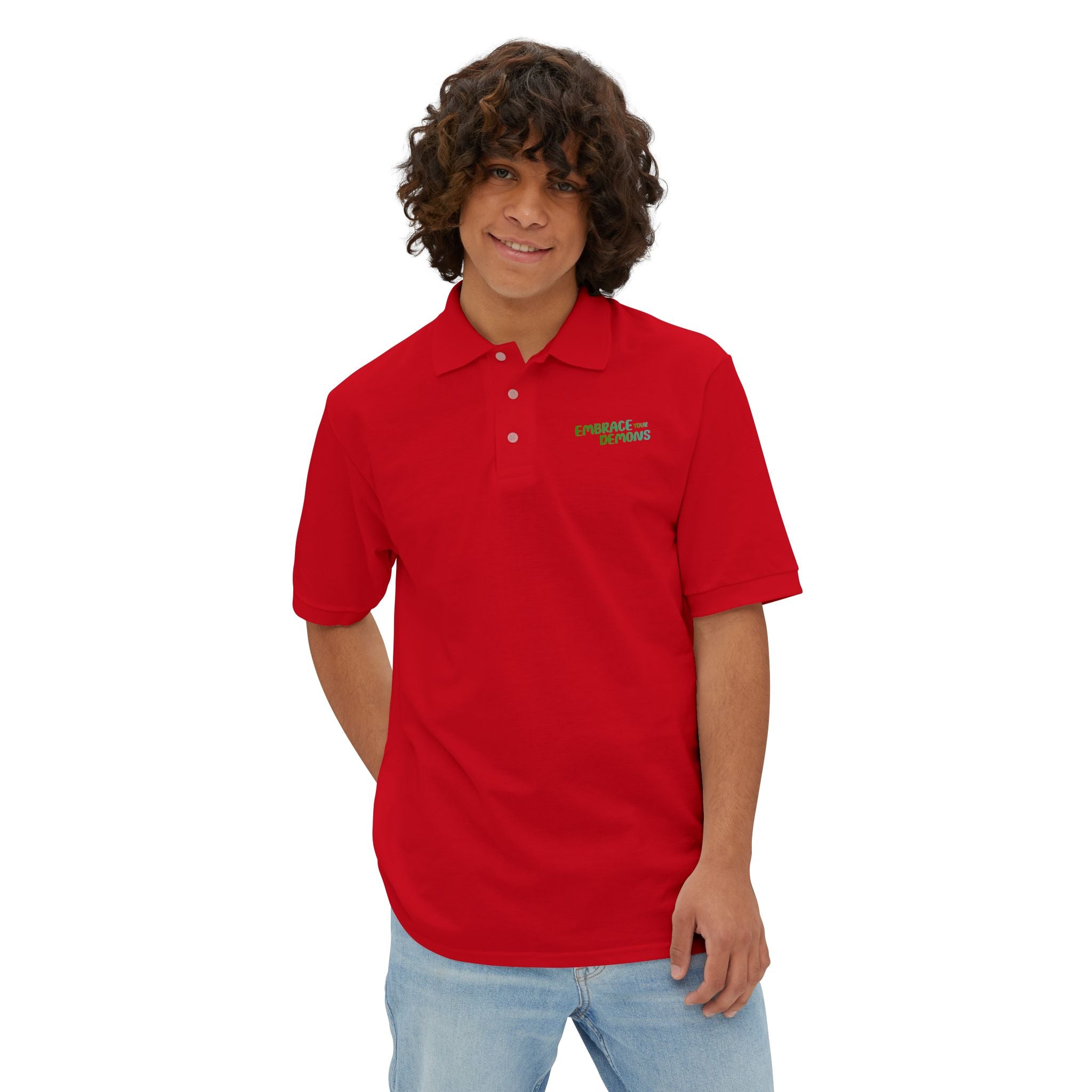 Men's Anime Flame Warrior Polo — Graphic Back Print with Subtle Chest Text
