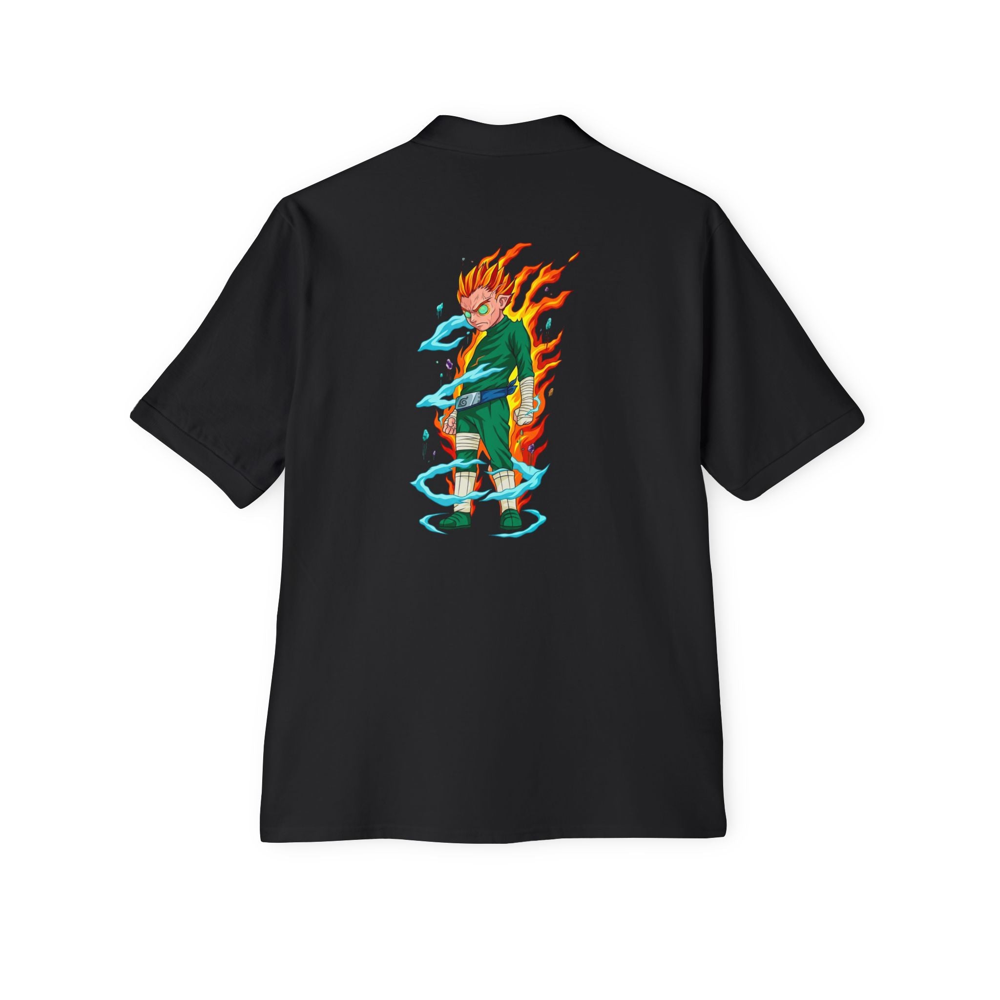 Men's Anime Flame Warrior Polo — Graphic Back Print with Subtle Chest Text
