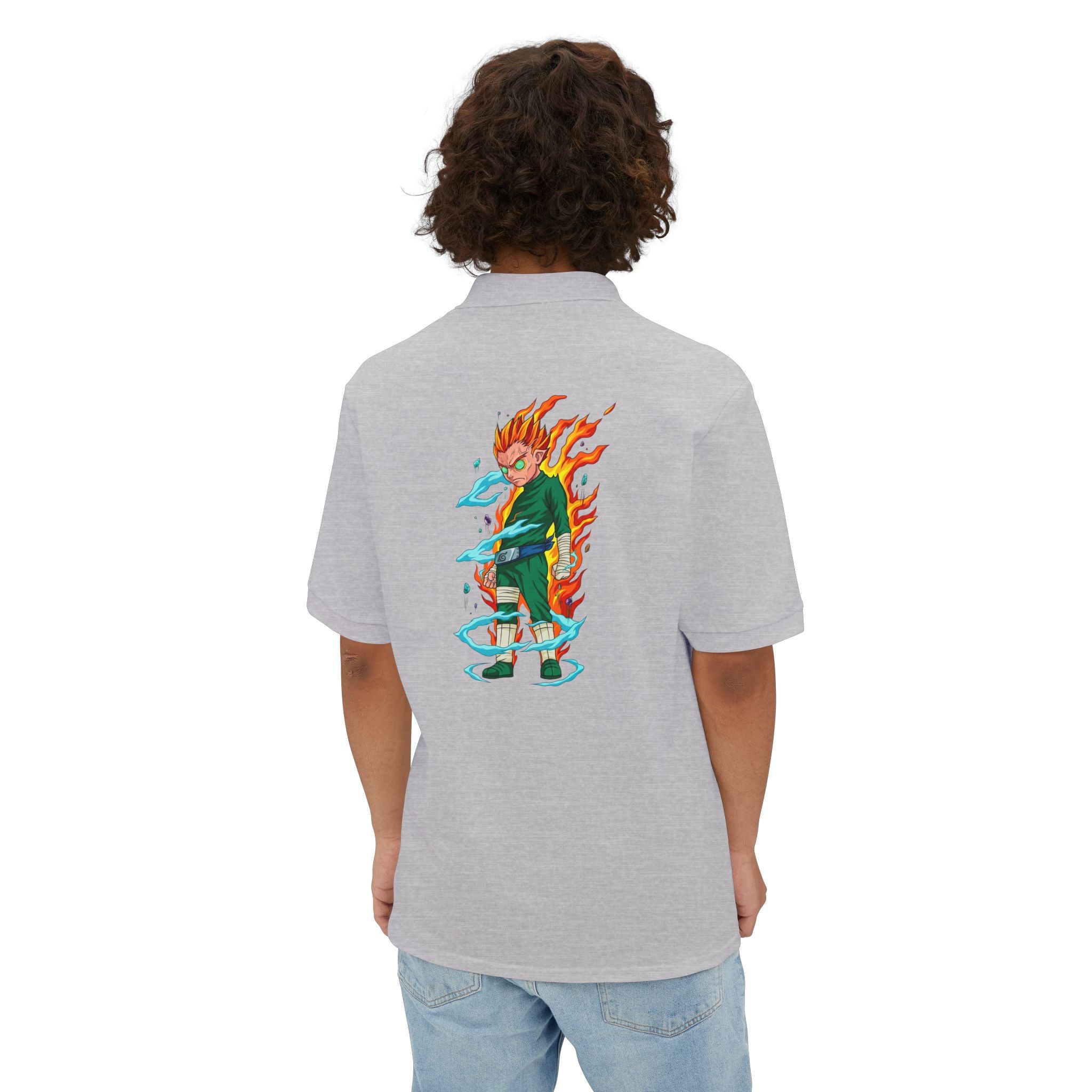 Men's Anime Flame Warrior Polo — Graphic Back Print with Subtle Chest Text
