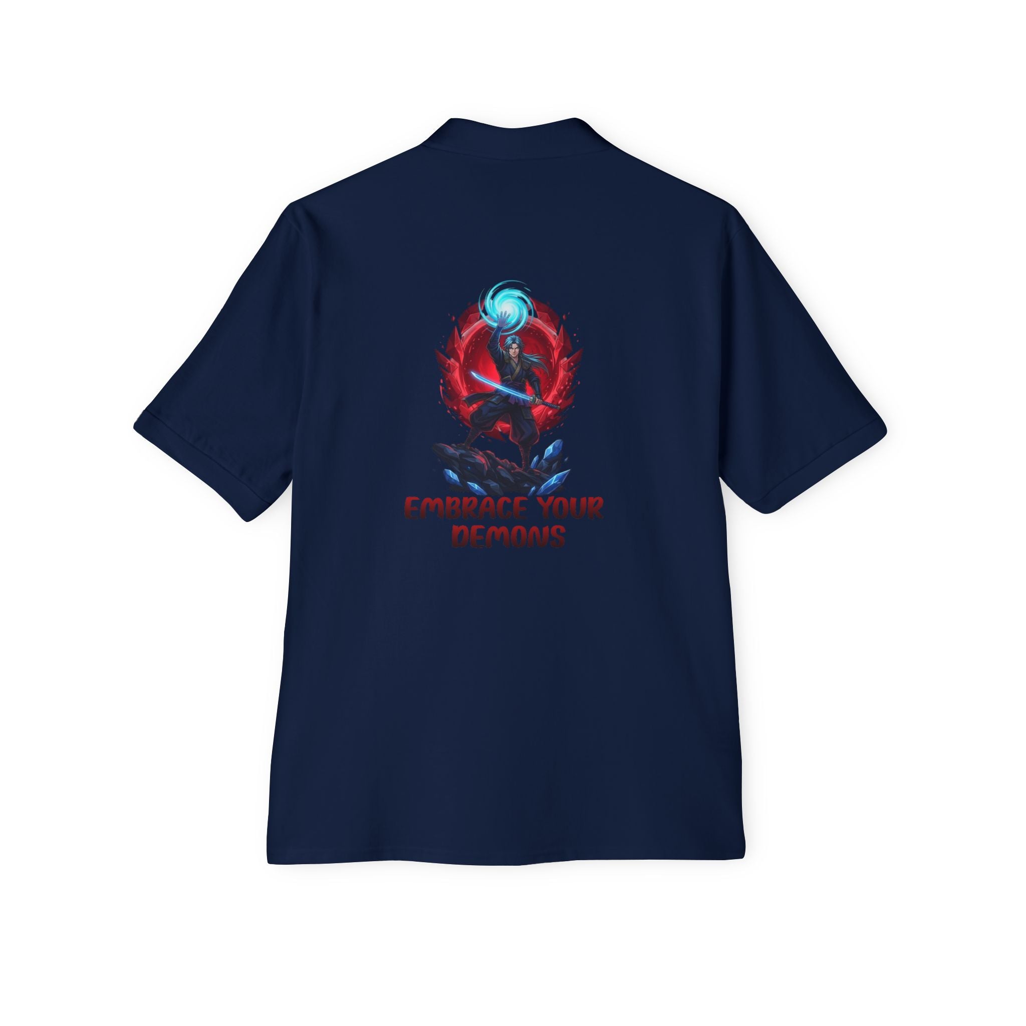Embrace Your Demons Men's Polo — Graphic Spiritual/Kawaii Demon Back Print