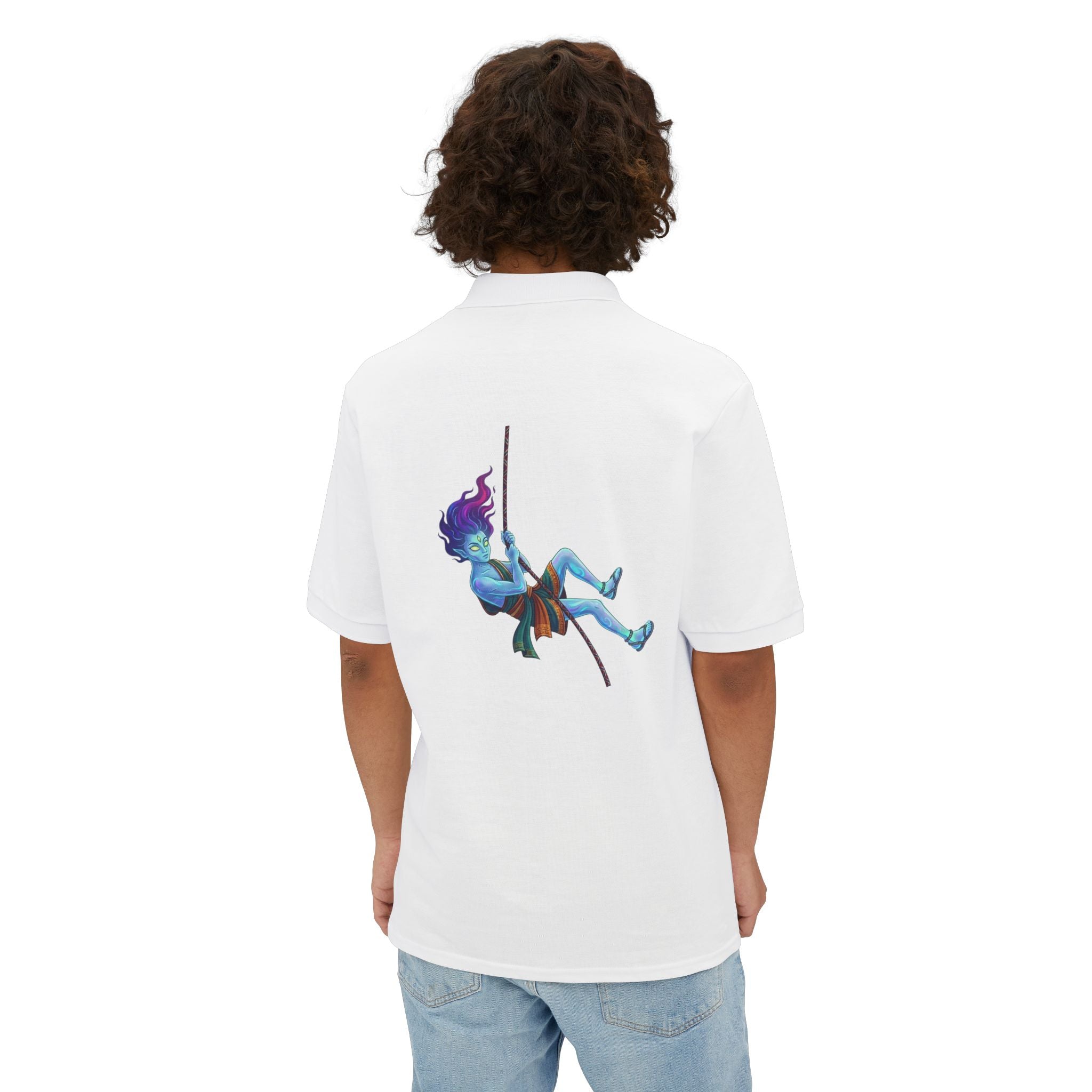 Men's White Polo Shirt — Blue Rock Climber Back Graphic, Small 'Climb On' Chest Print