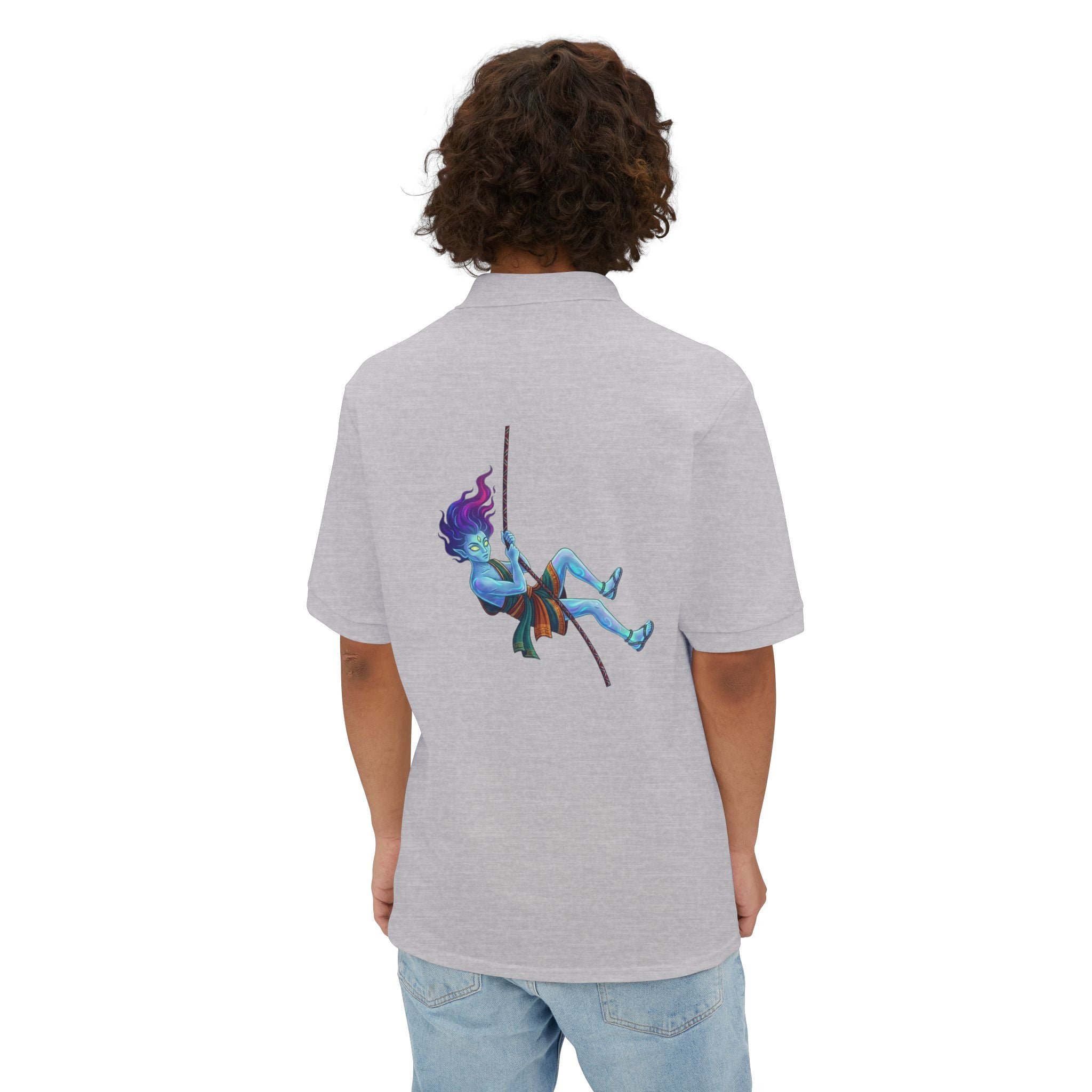 Men's White Polo Shirt — Blue Rock Climber Back Graphic, Small 'Climb On' Chest Print