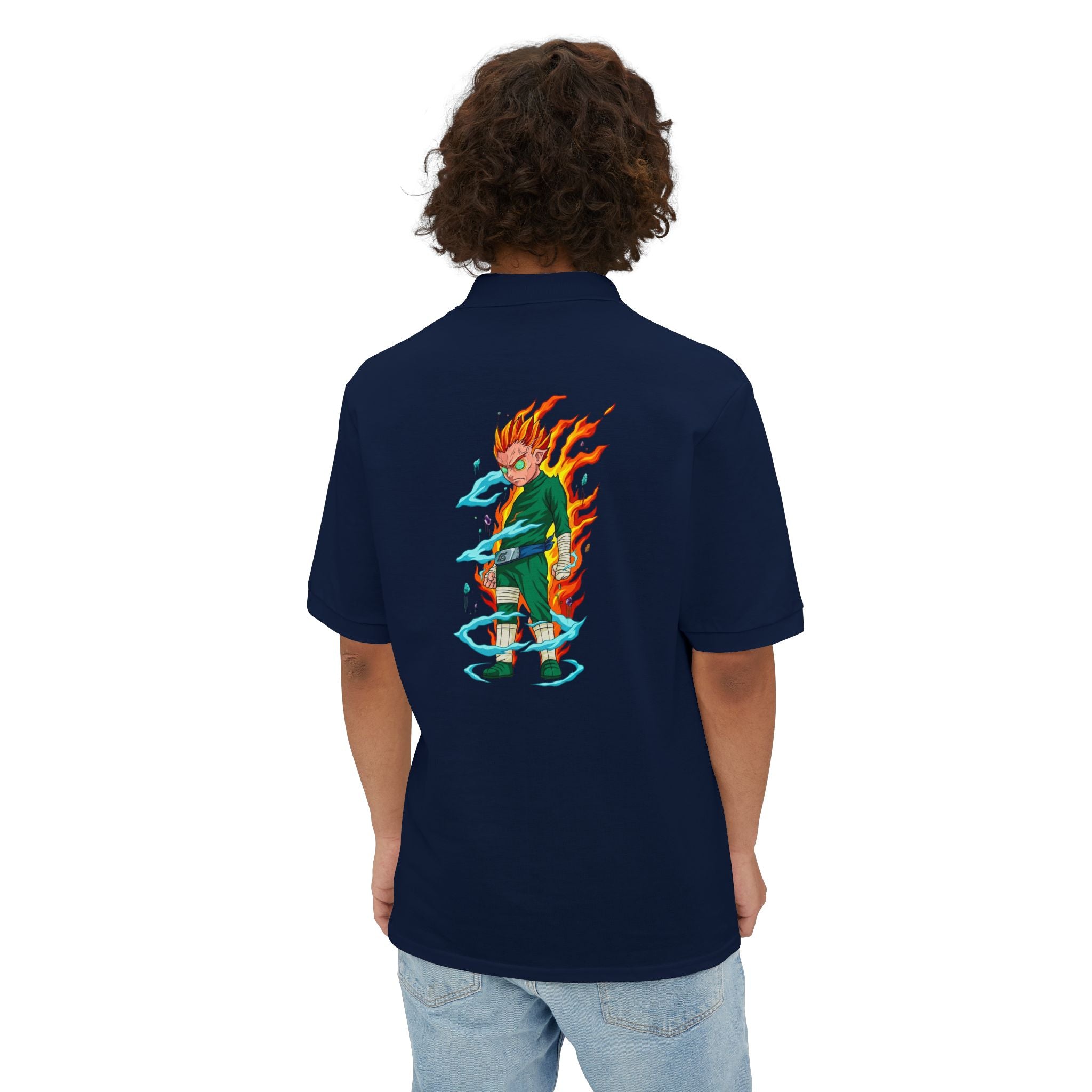 Men's Anime Flame Warrior Polo — Graphic Back Print with Subtle Chest Text