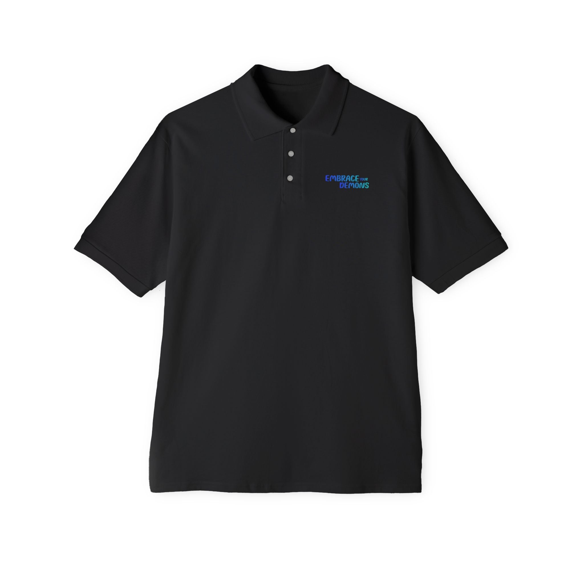 Men's White Polo Shirt — Blue Rock Climber Back Graphic, Small 'Climb On' Chest Print