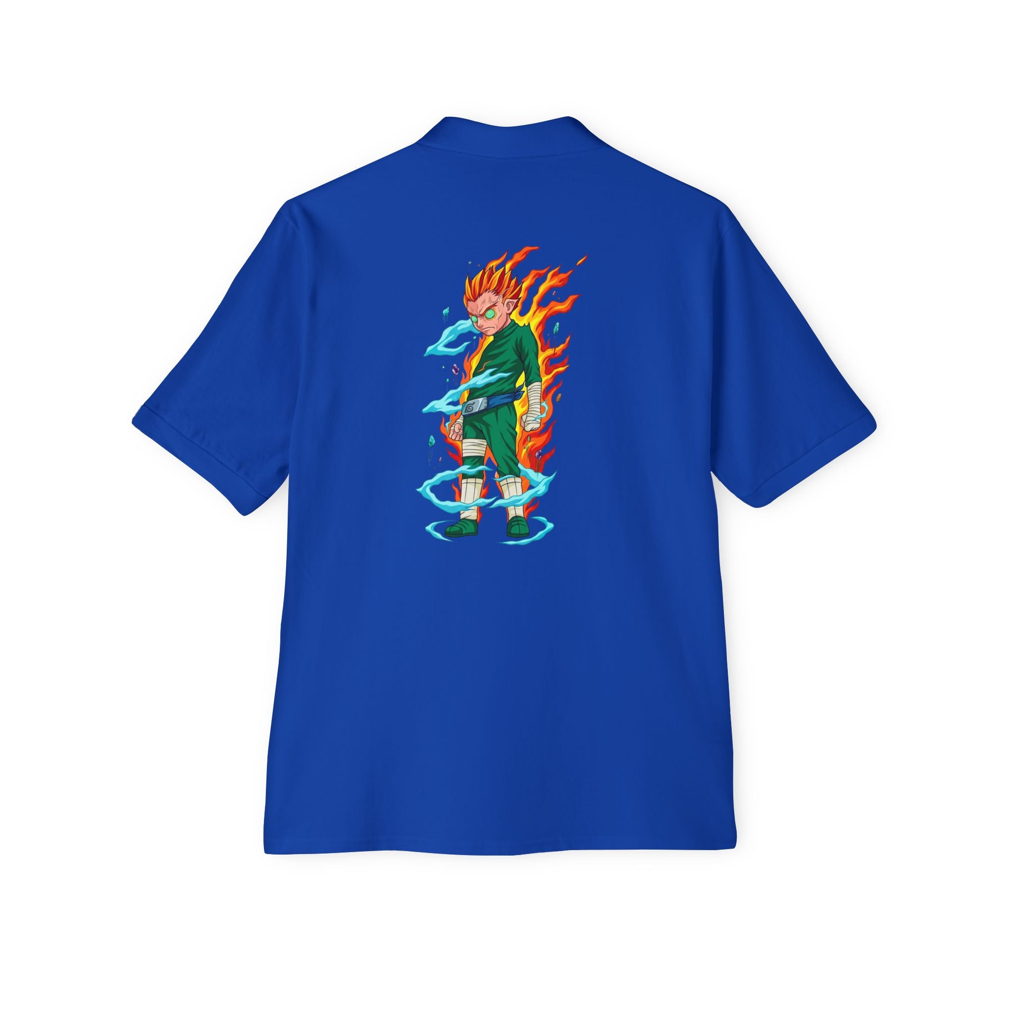 Men's Anime Flame Warrior Polo — Graphic Back Print with Subtle Chest Text