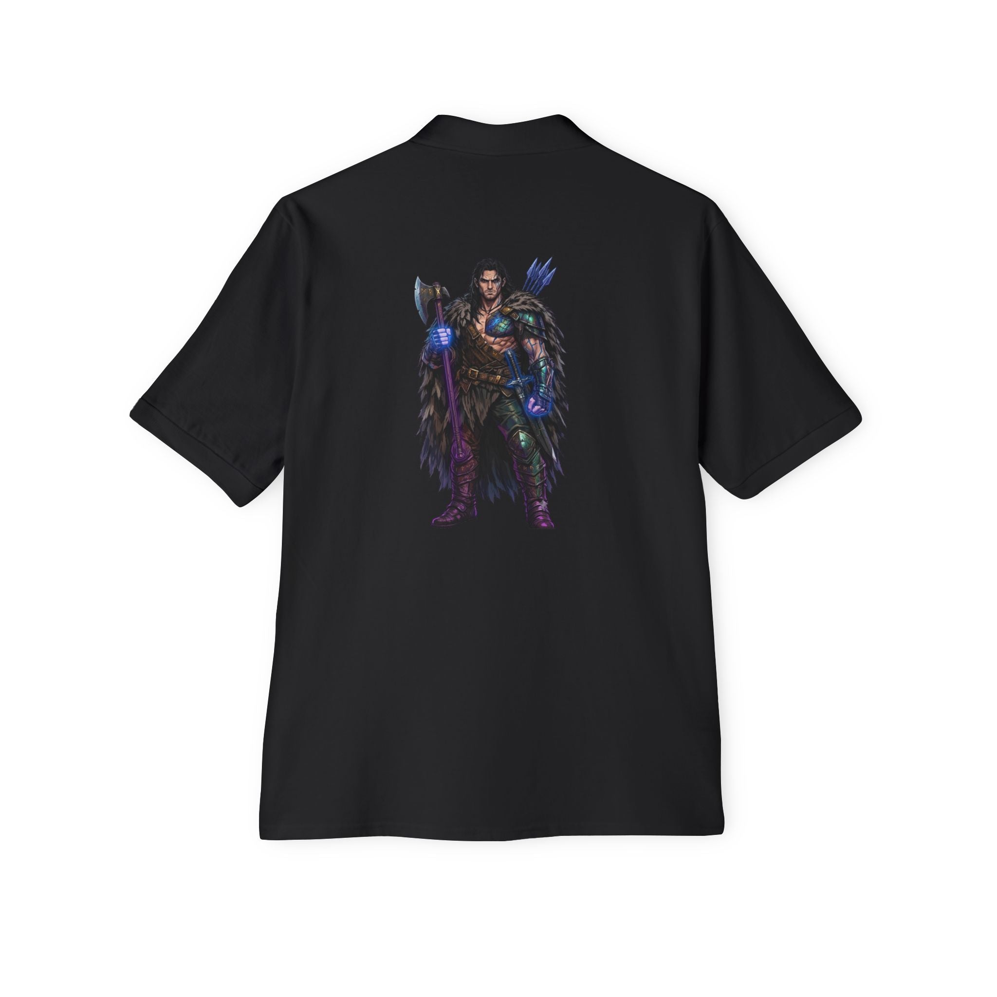 Men's Polo — Dark Fantasy Warrior Graphic (Back) with Small Chest Text