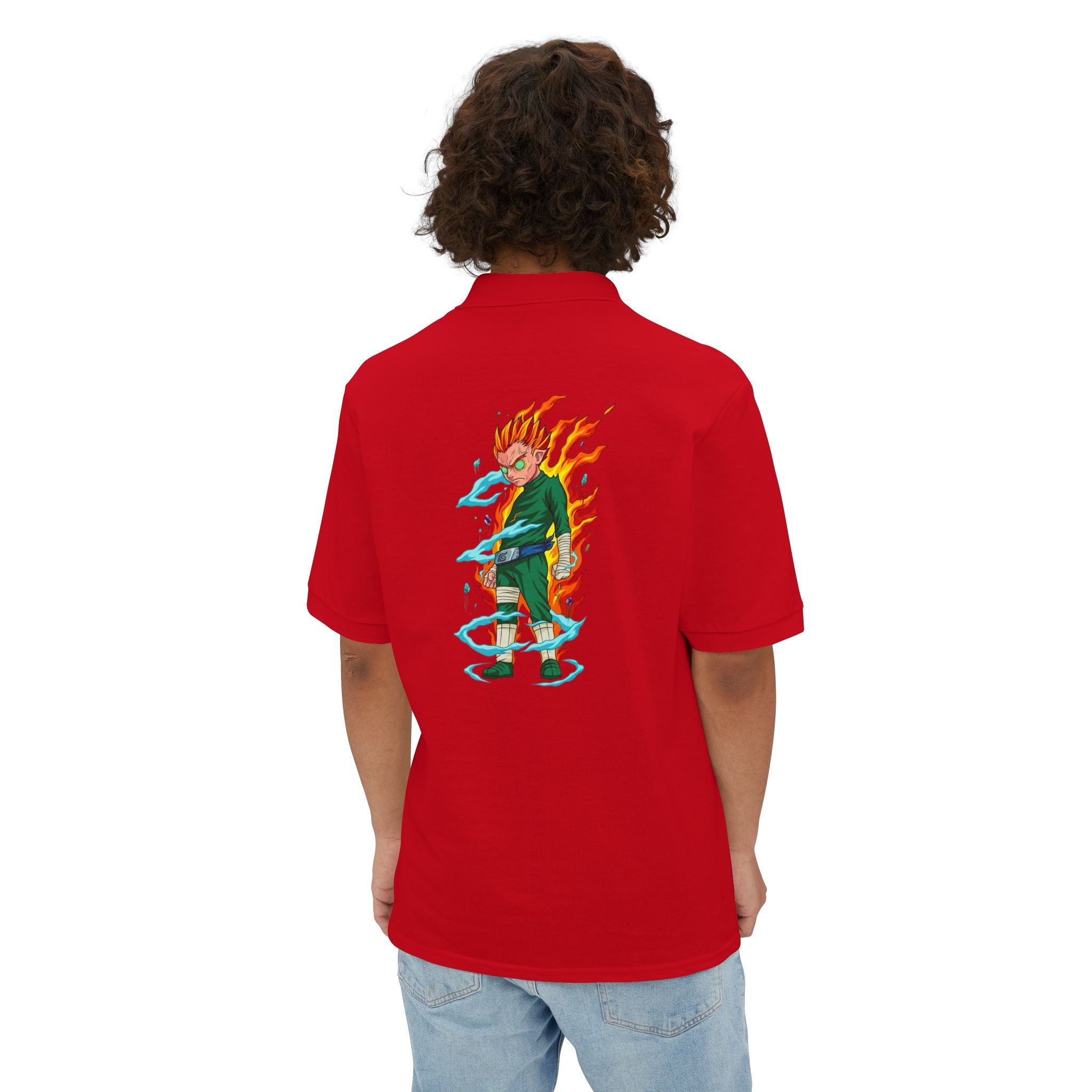 Men's Anime Flame Warrior Polo — Graphic Back Print with Subtle Chest Text