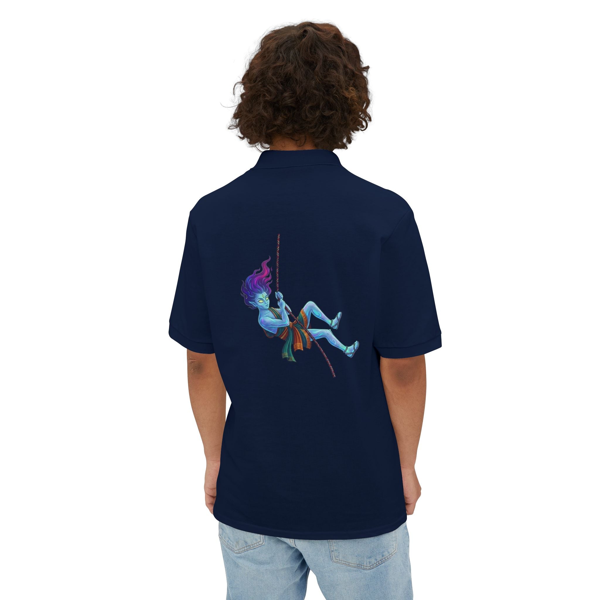 Men's White Polo Shirt — Blue Rock Climber Back Graphic, Small 'Climb On' Chest Print