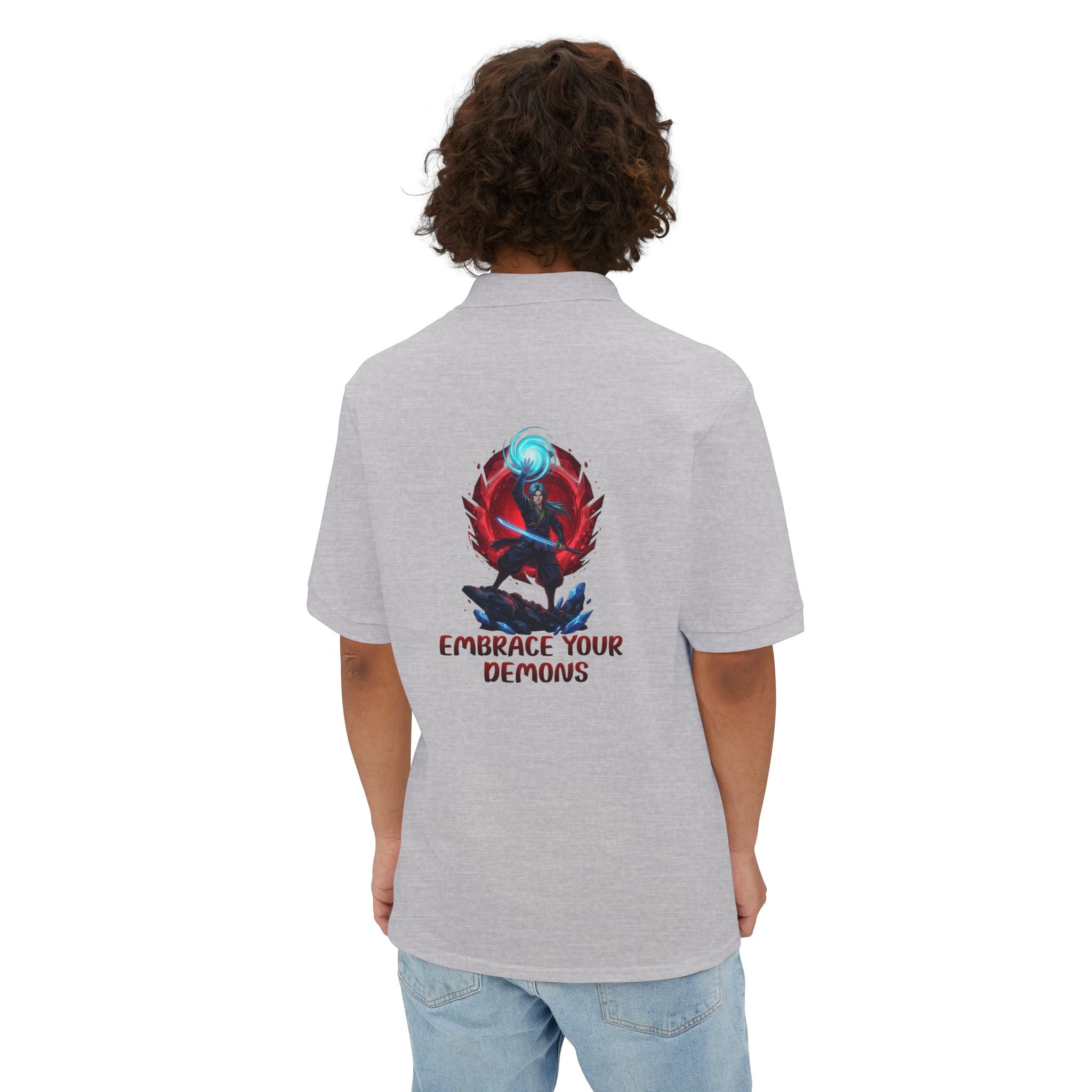 Embrace Your Demons Men's Polo — Graphic Spiritual/Kawaii Demon Back Print