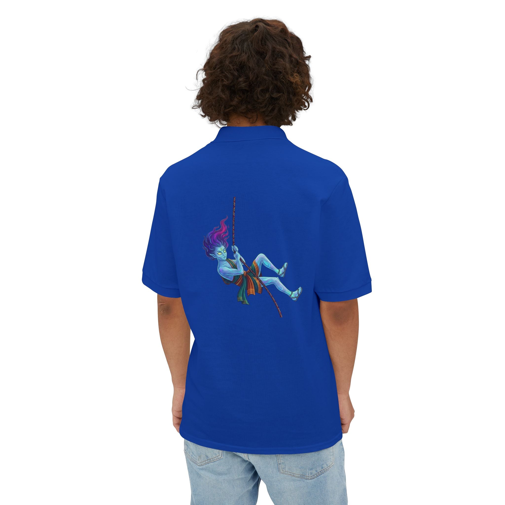 Men's White Polo Shirt — Blue Rock Climber Back Graphic, Small 'Climb On' Chest Print