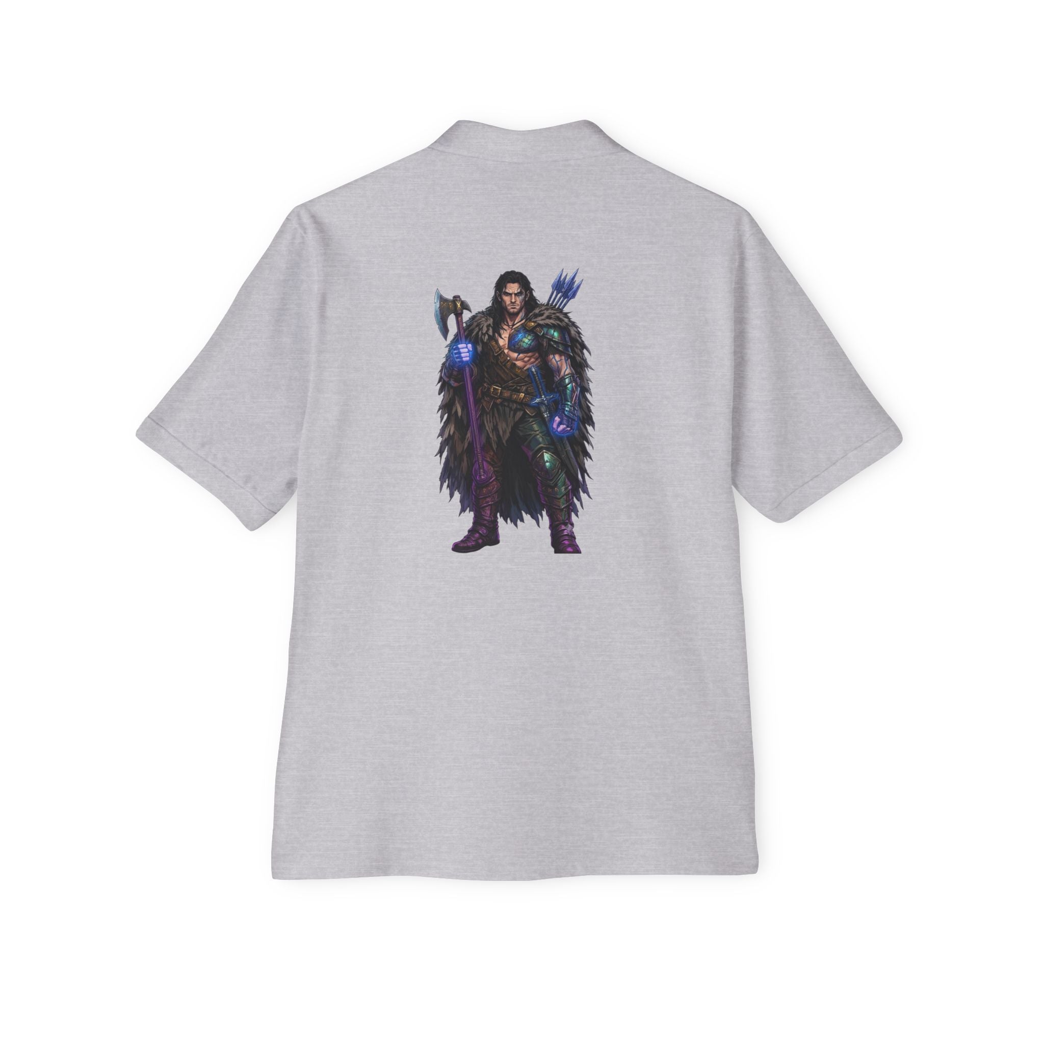 Men's Polo — Dark Fantasy Warrior Graphic (Back) with Small Chest Text