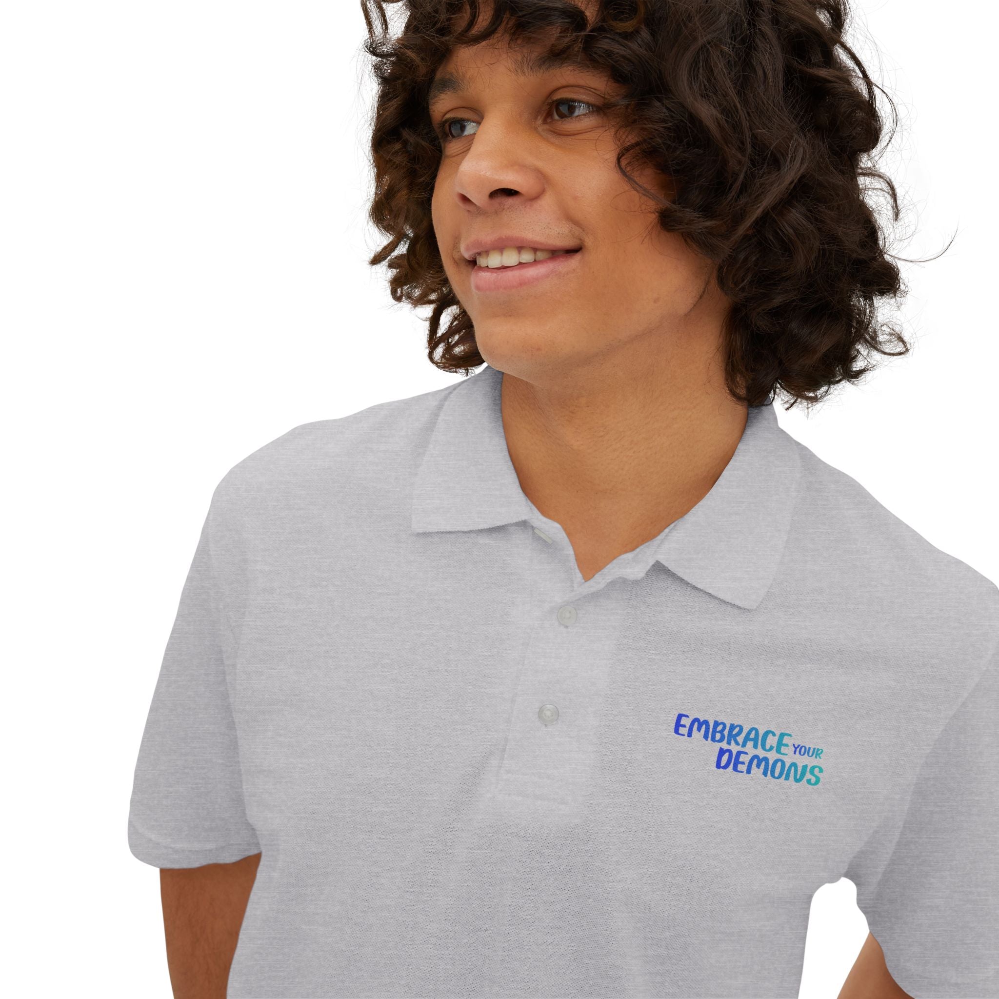Men's White Polo Shirt — Blue Rock Climber Back Graphic, Small 'Climb On' Chest Print