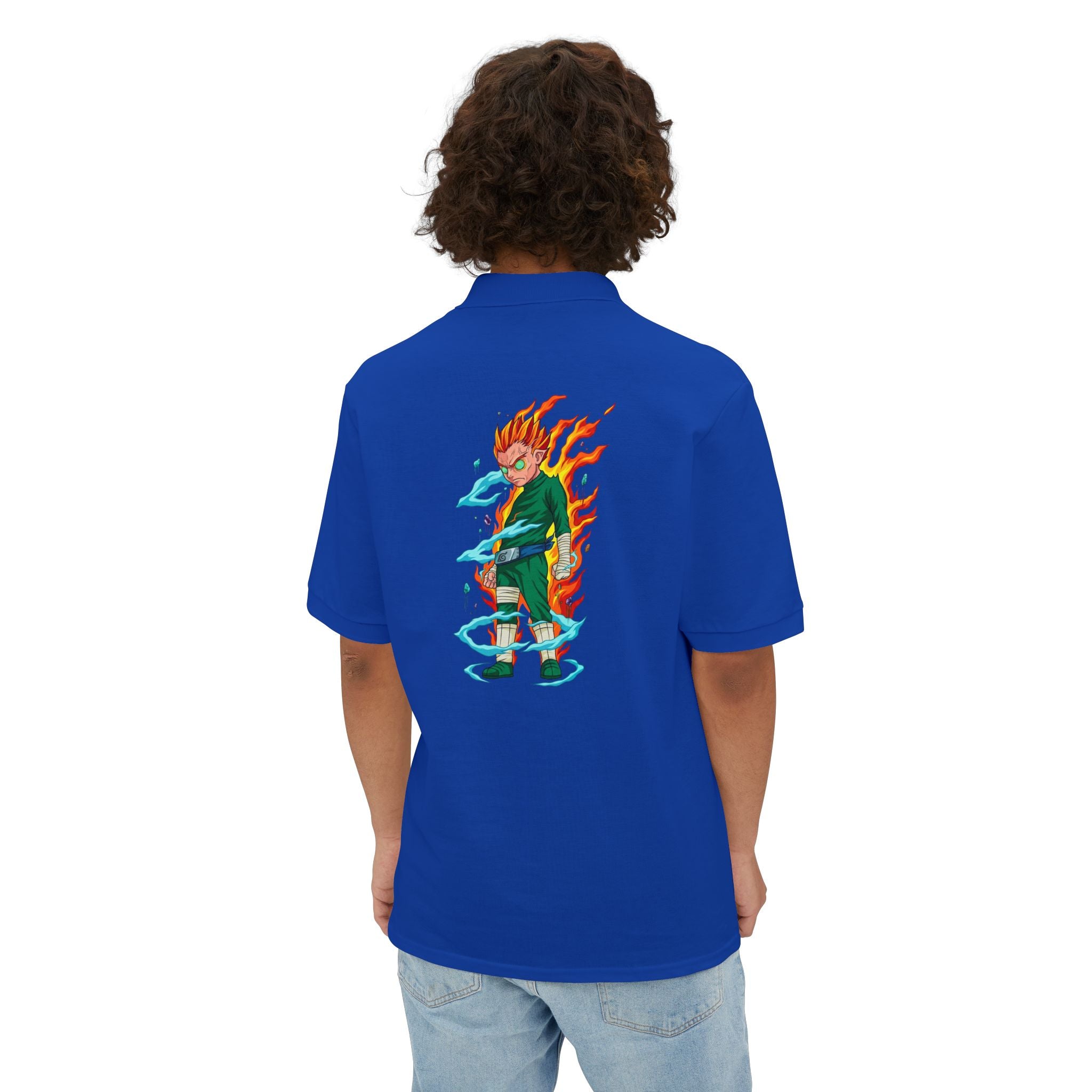 Men's Anime Flame Warrior Polo — Graphic Back Print with Subtle Chest Text