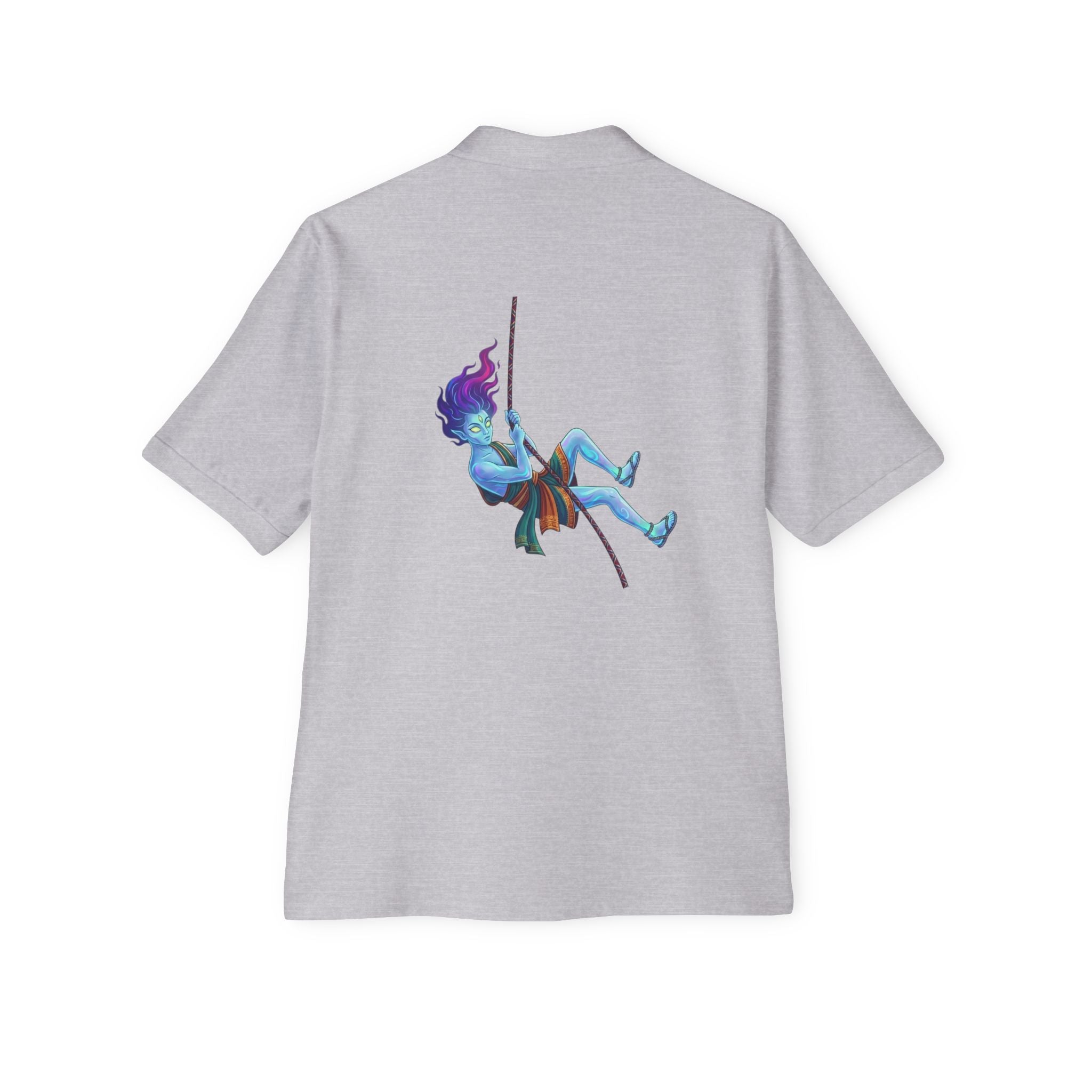 Men's White Polo Shirt — Blue Rock Climber Back Graphic, Small 'Climb On' Chest Print