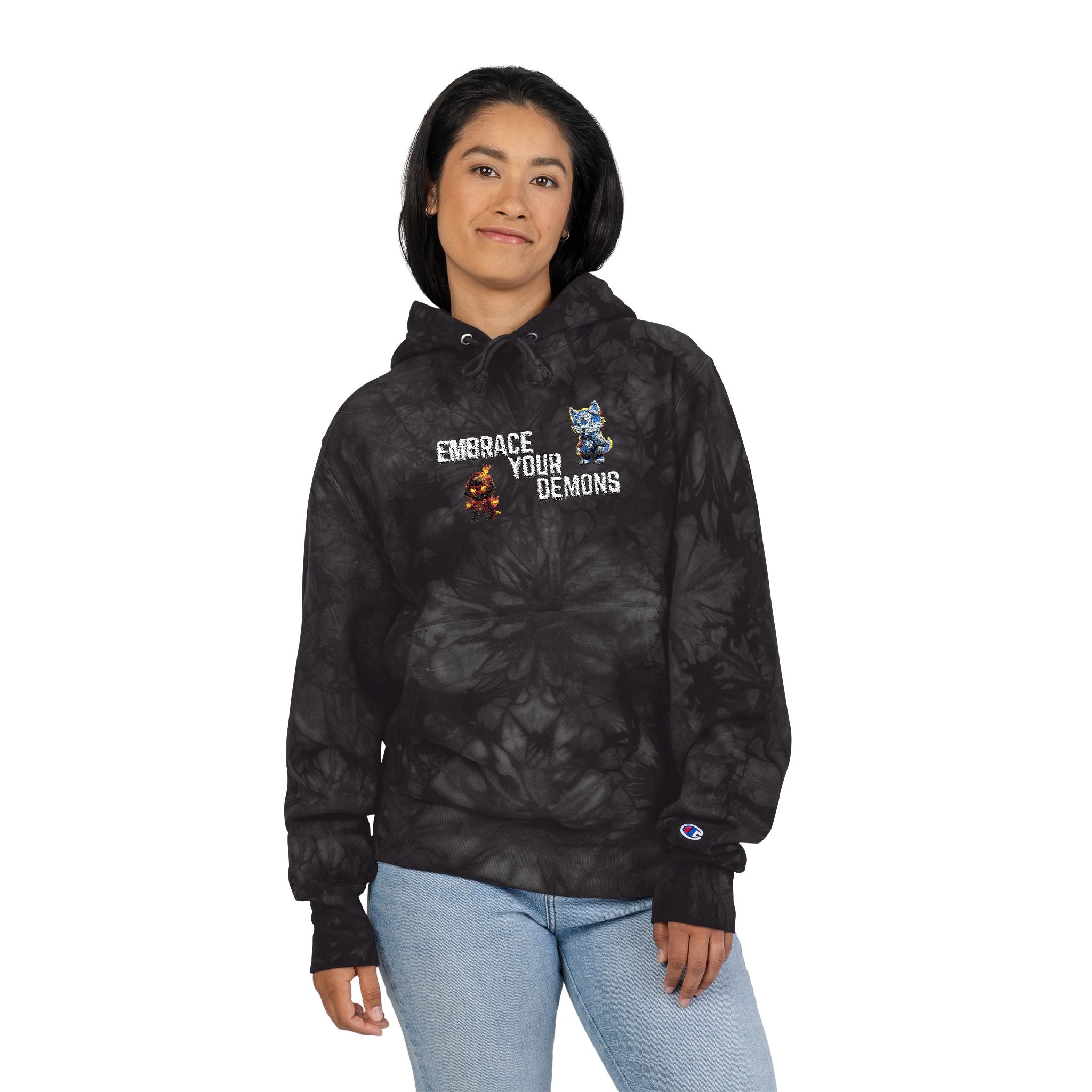 Tie-Dye Embroidered Hoodie — "Embrace Your Dreams" Champion Style