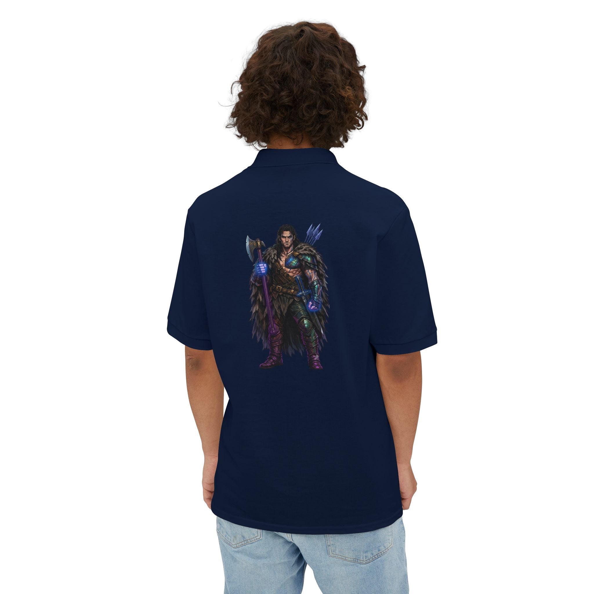 Men's Polo — Dark Fantasy Warrior Graphic (Back) with Small Chest Text