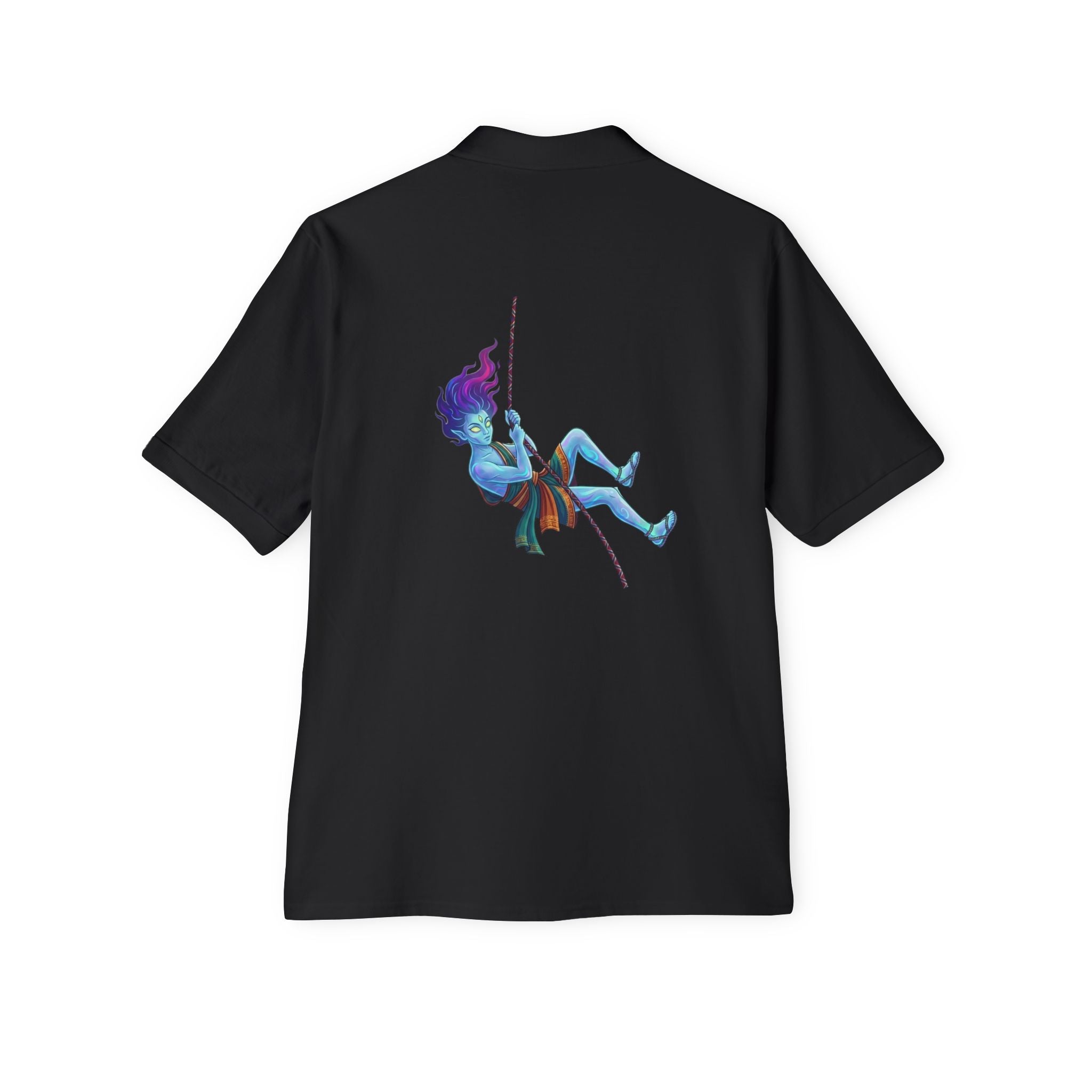 Men's White Polo Shirt — Blue Rock Climber Back Graphic, Small 'Climb On' Chest Print