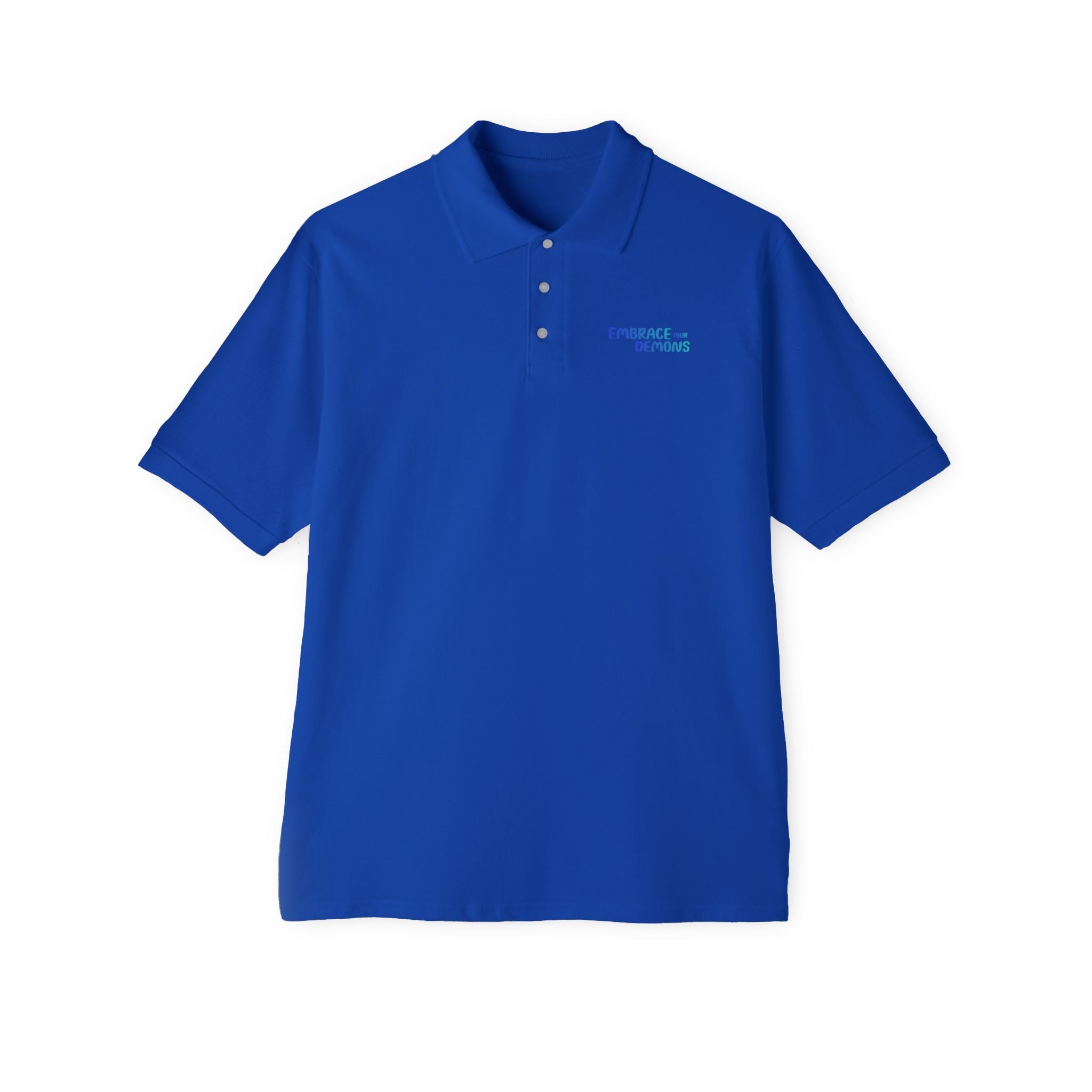 Men's White Polo Shirt — Blue Rock Climber Back Graphic, Small 'Climb On' Chest Print