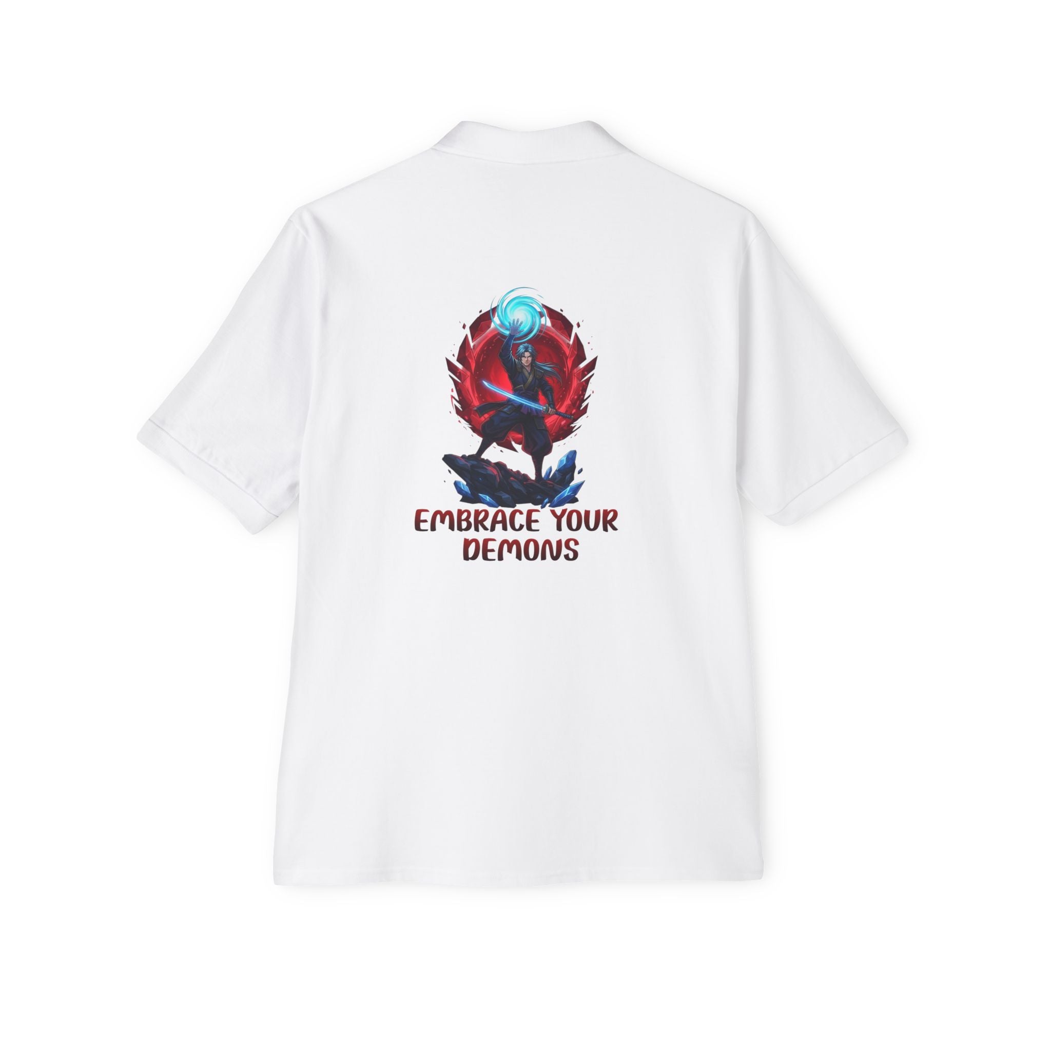 Embrace Your Demons Men's Polo — Graphic Spiritual/Kawaii Demon Back Print