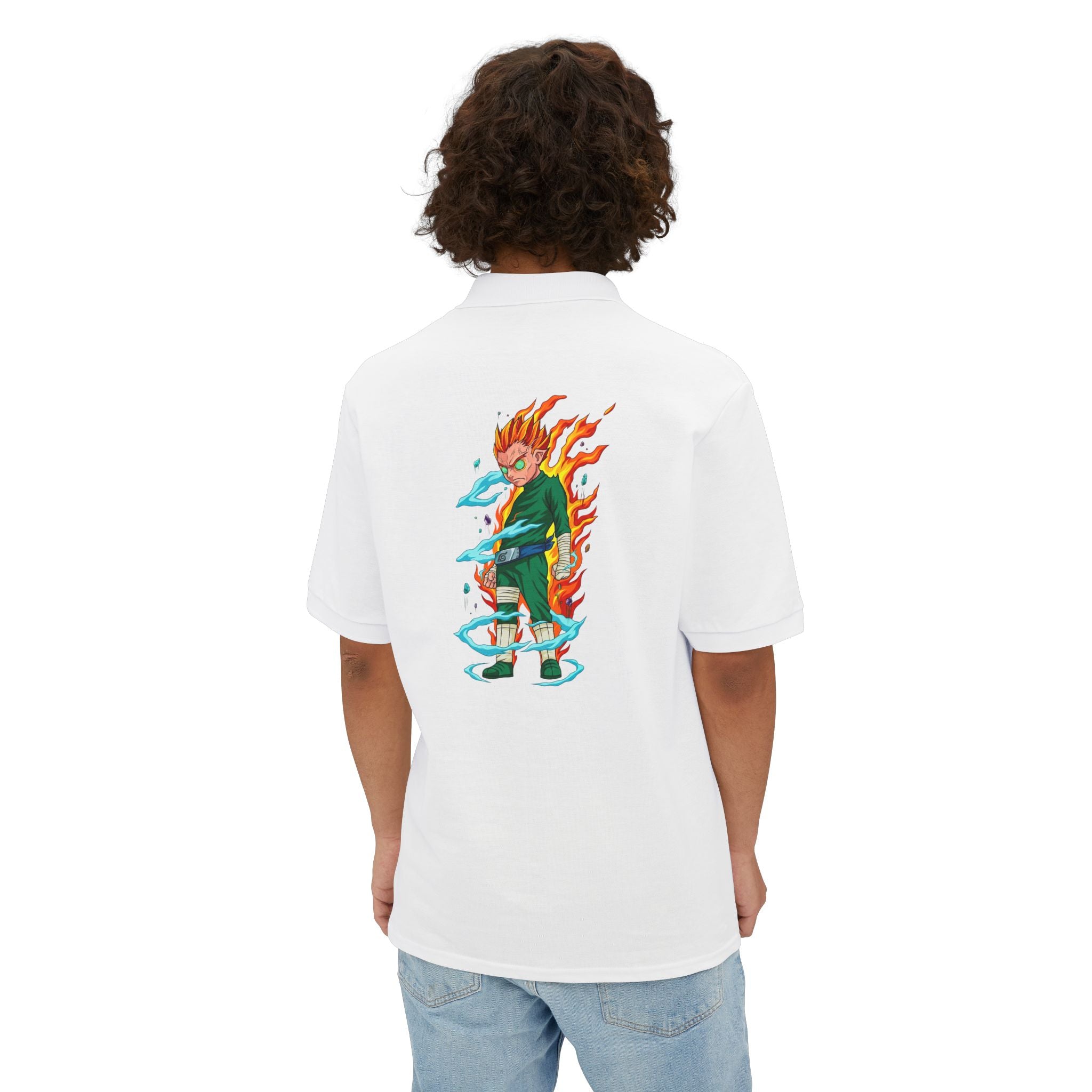 Men's Anime Flame Warrior Polo — Graphic Back Print with Subtle Chest Text