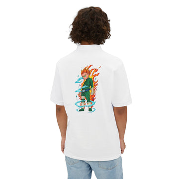 Men's Anime Flame Warrior Polo — Graphic Back Print with Subtle Chest Text