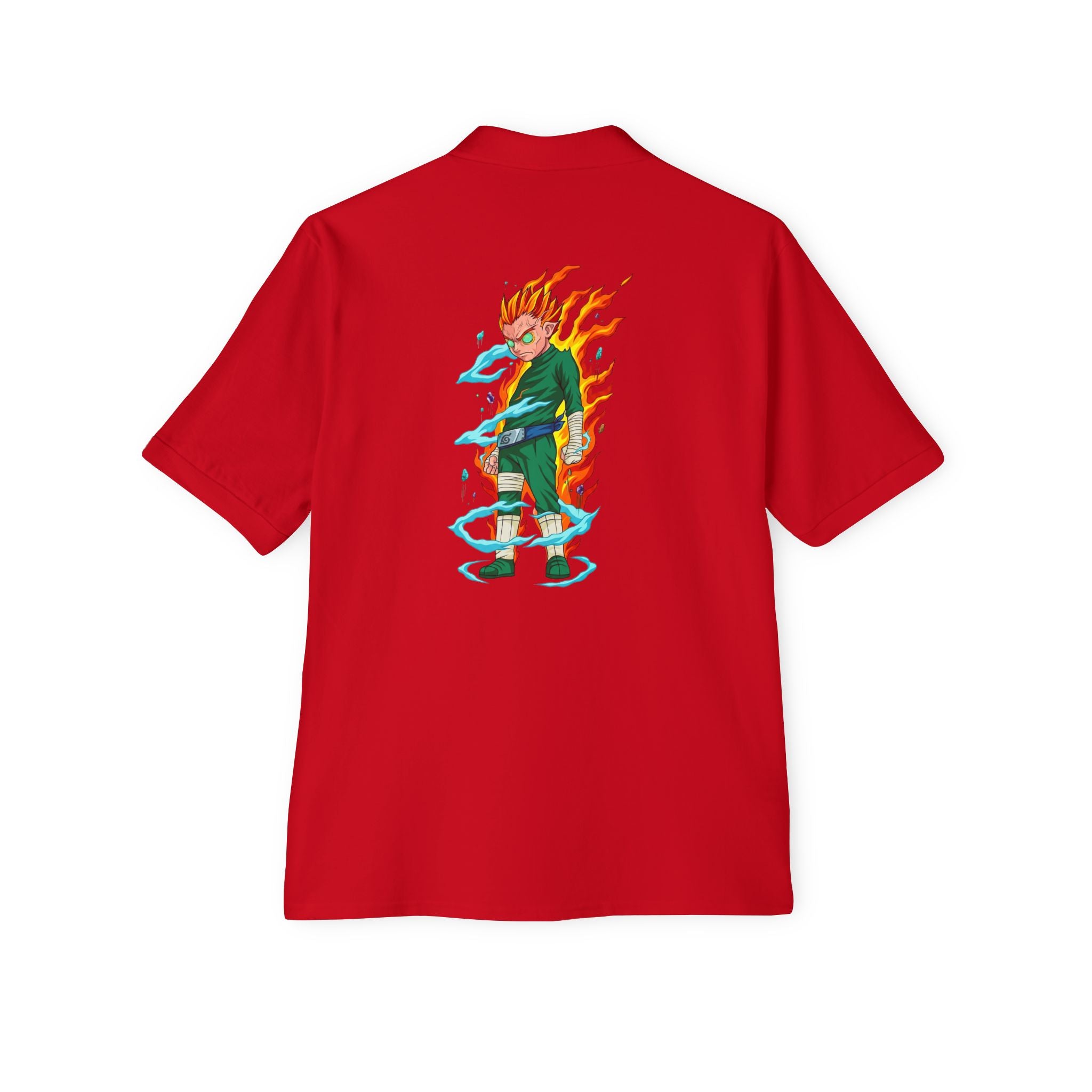 Men's Anime Flame Warrior Polo — Graphic Back Print with Subtle Chest Text