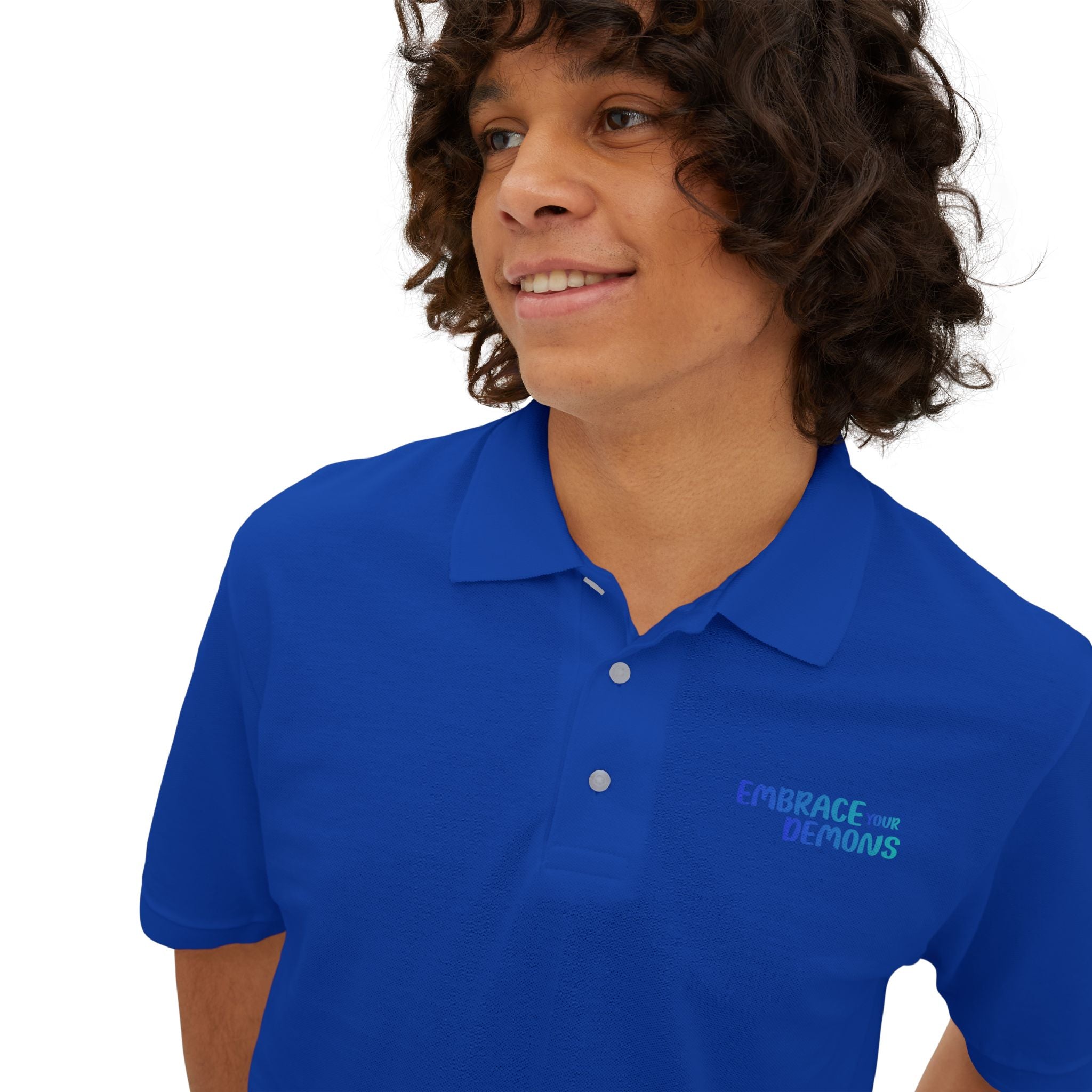 Men's White Polo Shirt — Blue Rock Climber Back Graphic, Small 'Climb On' Chest Print