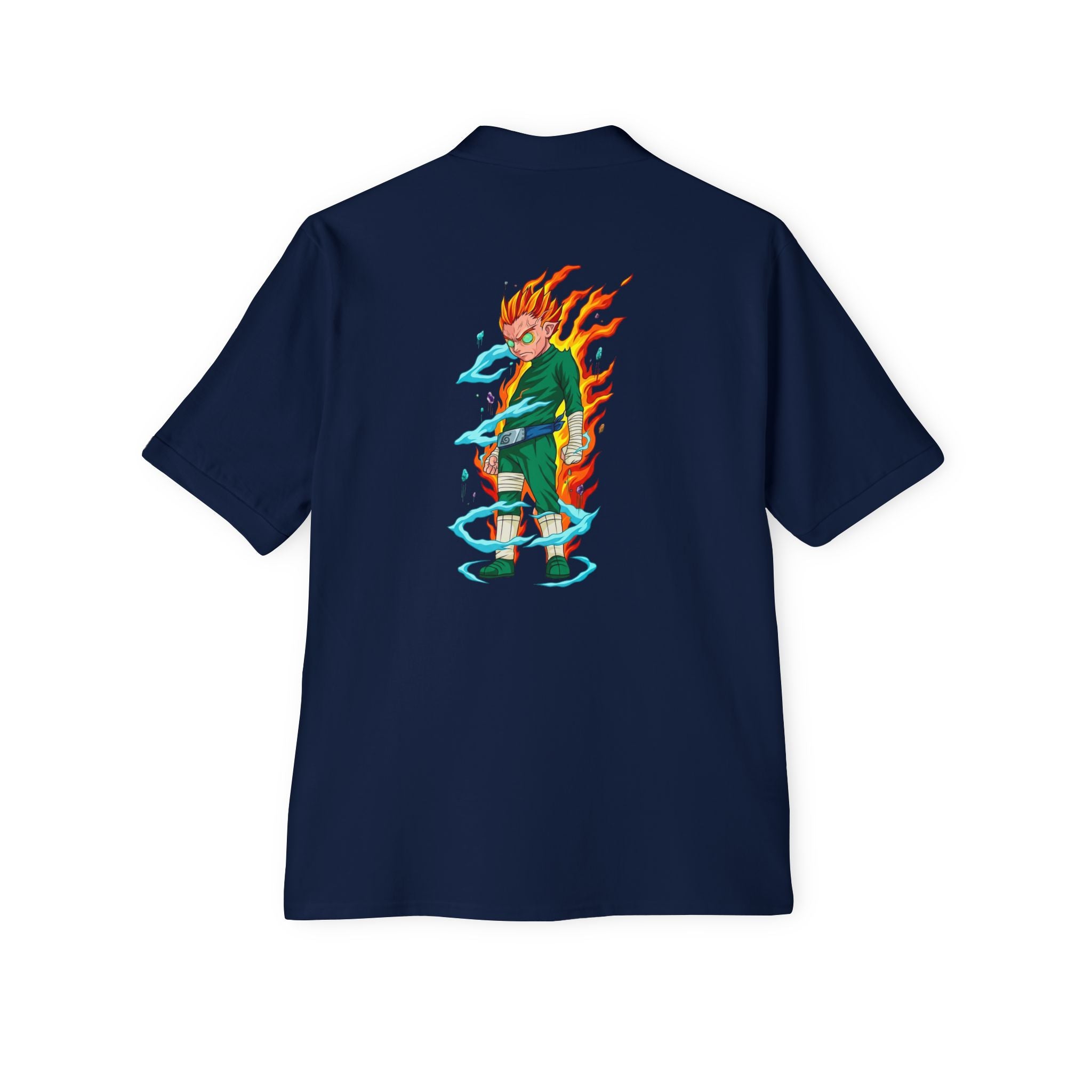 Men's Anime Flame Warrior Polo — Graphic Back Print with Subtle Chest Text