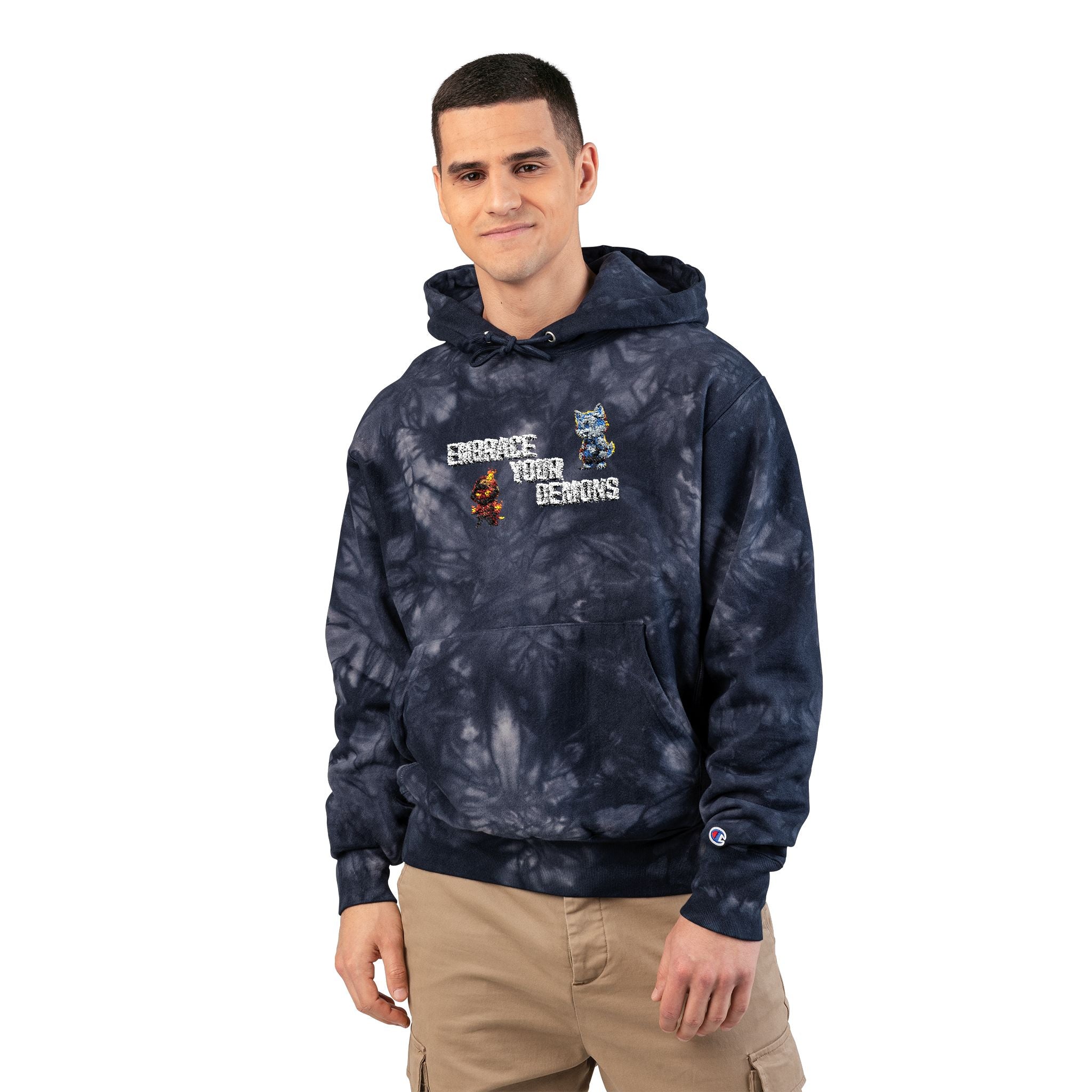 Tie-Dye Embroidered Hoodie — "Embrace Your Dreams" Champion Style