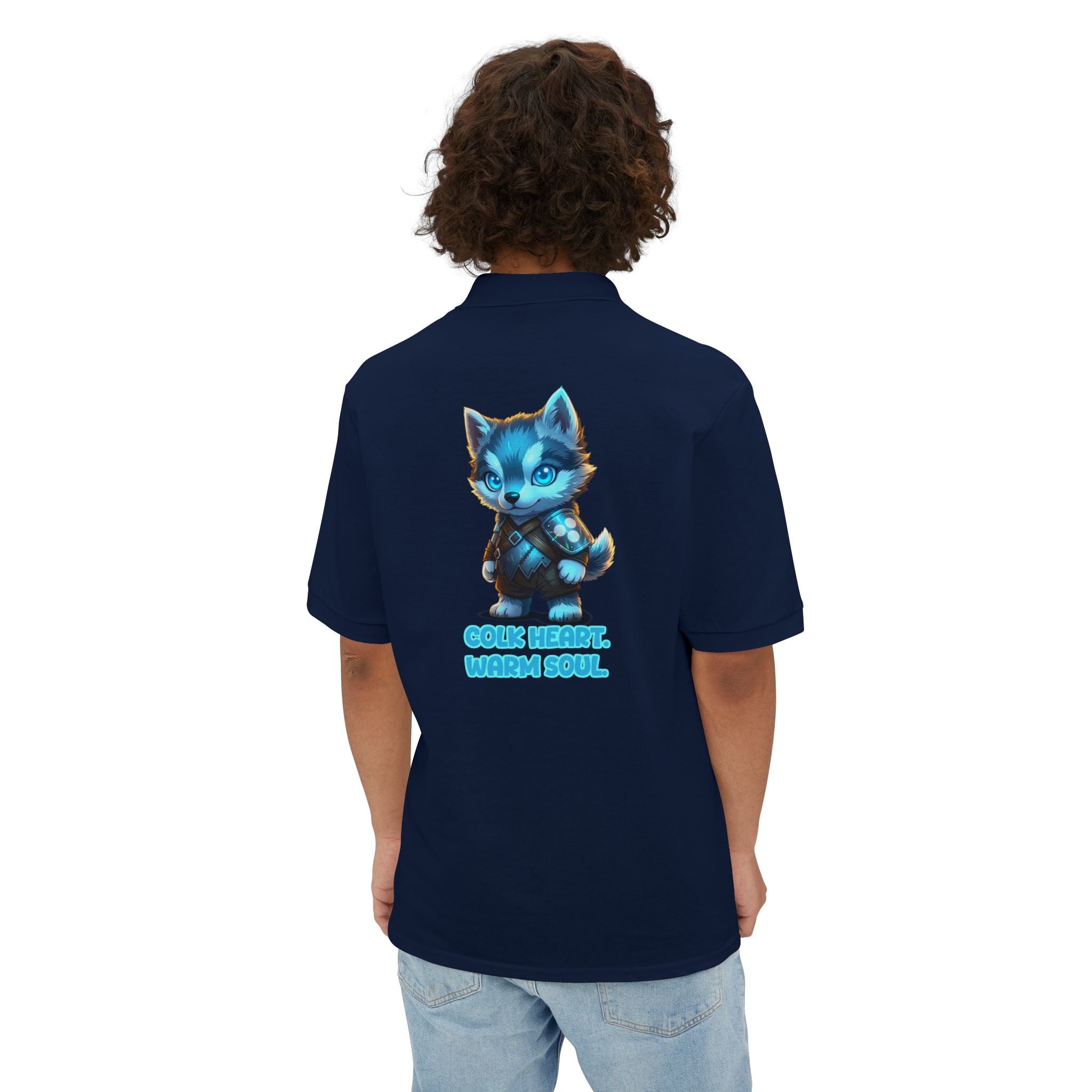 Men's Polo — 'Cold Heart, Warm Soul' Blue Cat Graphic