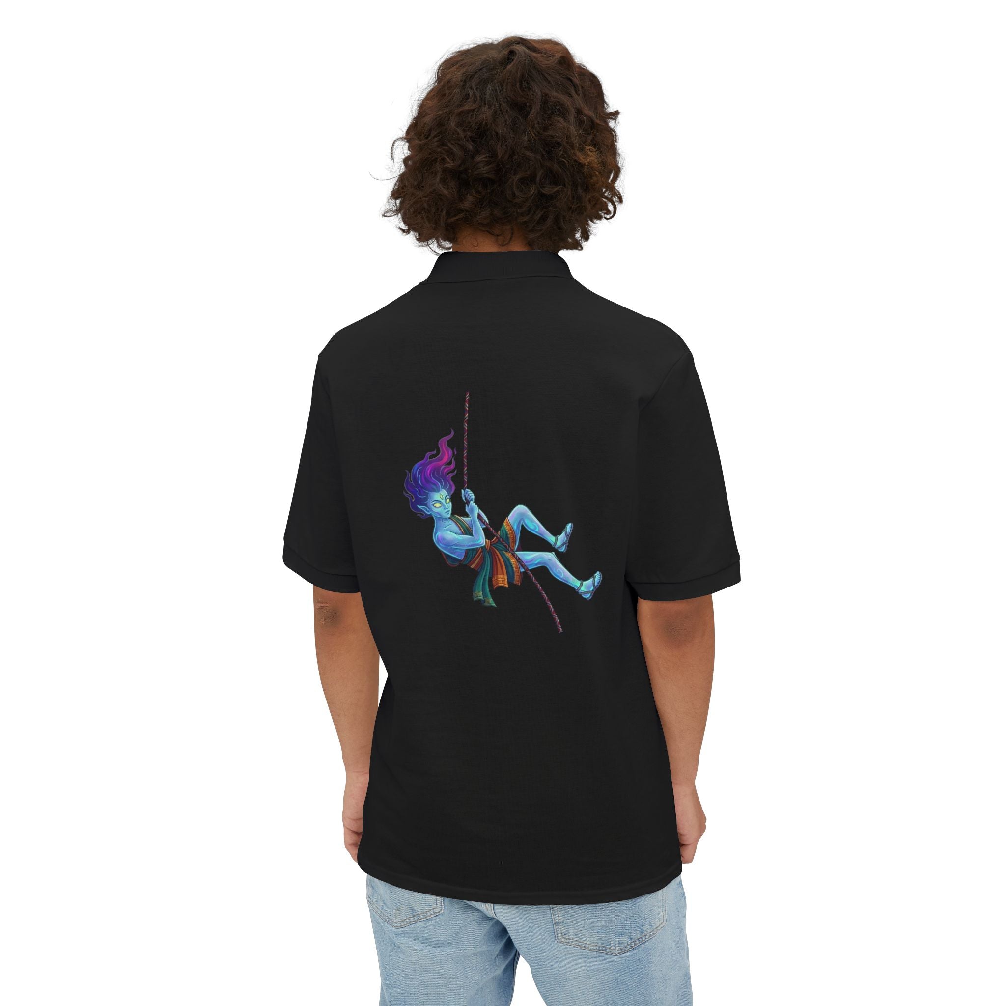 Men's White Polo Shirt — Blue Rock Climber Back Graphic, Small 'Climb On' Chest Print